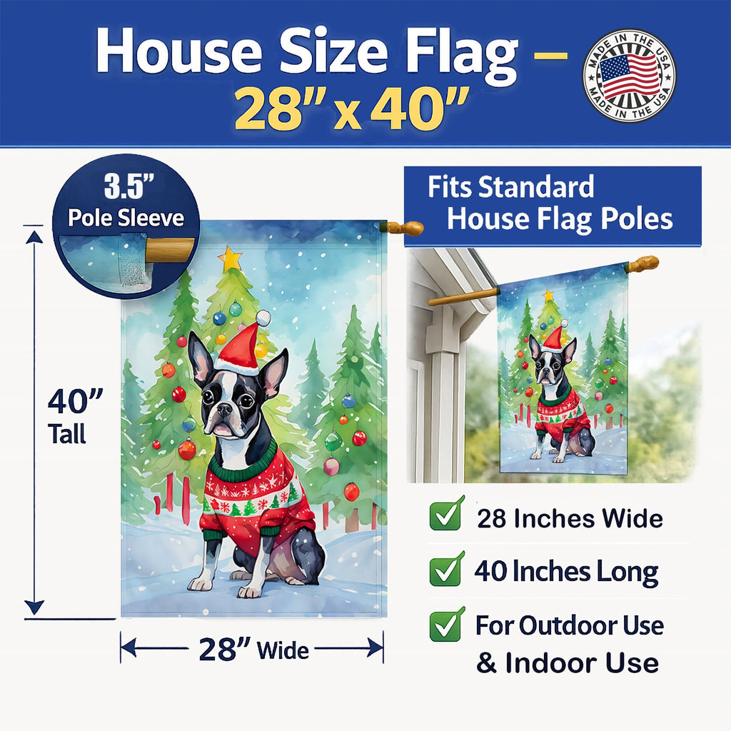 Boston Terrier Christmas House Flag 28x40 Porch Sleeve Pole Decorative Outside Yard Banner Artwork Wall Hanging, Polyester