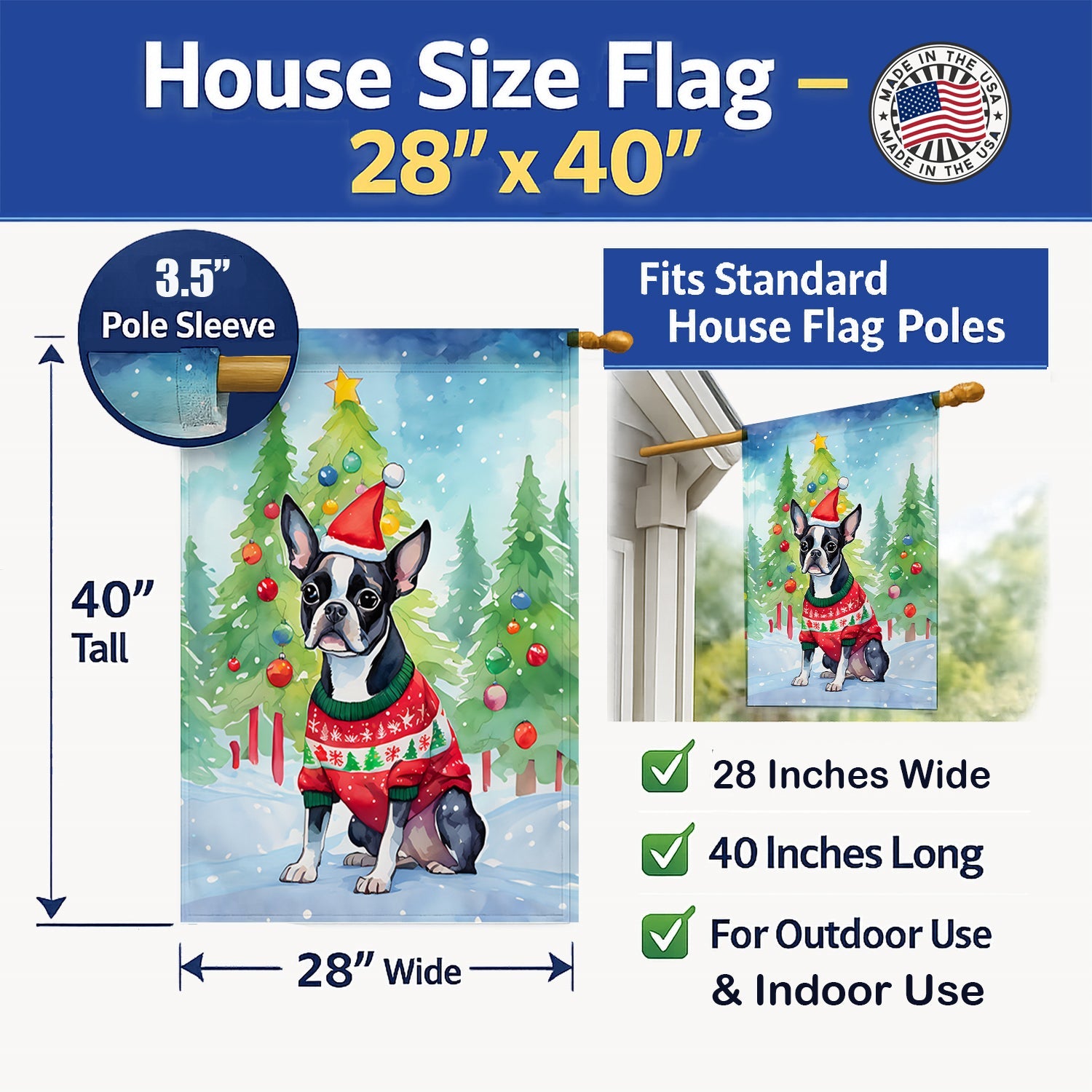 Boston Terrier Christmas House Flag 28x40 Porch Sleeve Pole Decorative Outside Yard Banner Artwork Wall Hanging, Polyester
