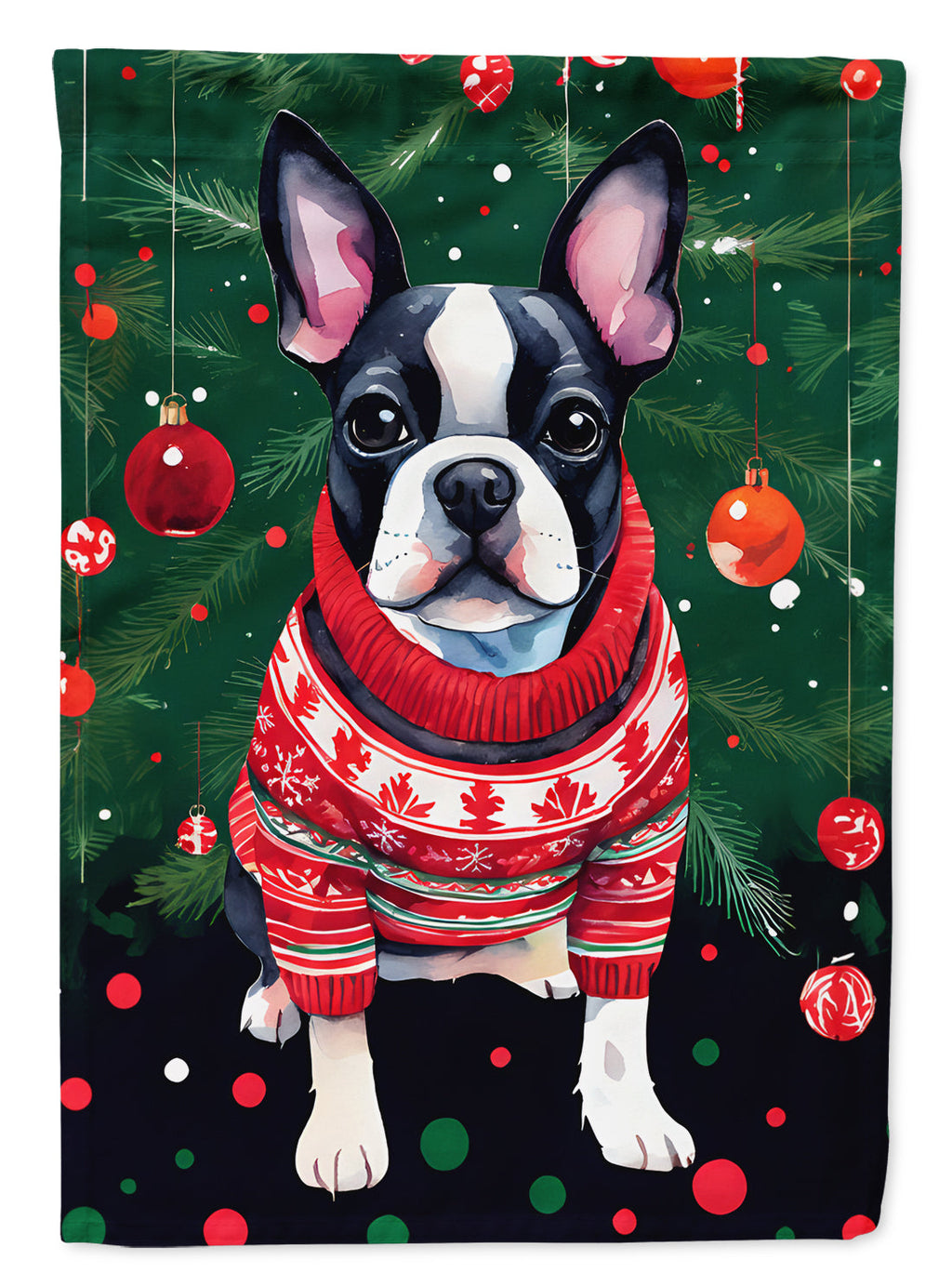 Boston Terrier Christmas House Flag 28x40 Porch Sleeve Pole Decorative Outside Yard Banner Artwork Wall Hanging, Polyester