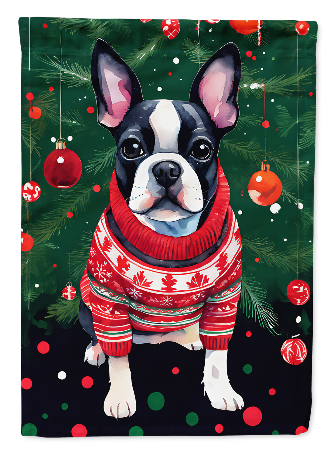 Boston Terrier Christmas House Flag 28x40 Porch Sleeve Pole Decorative Outside Yard Banner Artwork Wall Hanging, Polyester