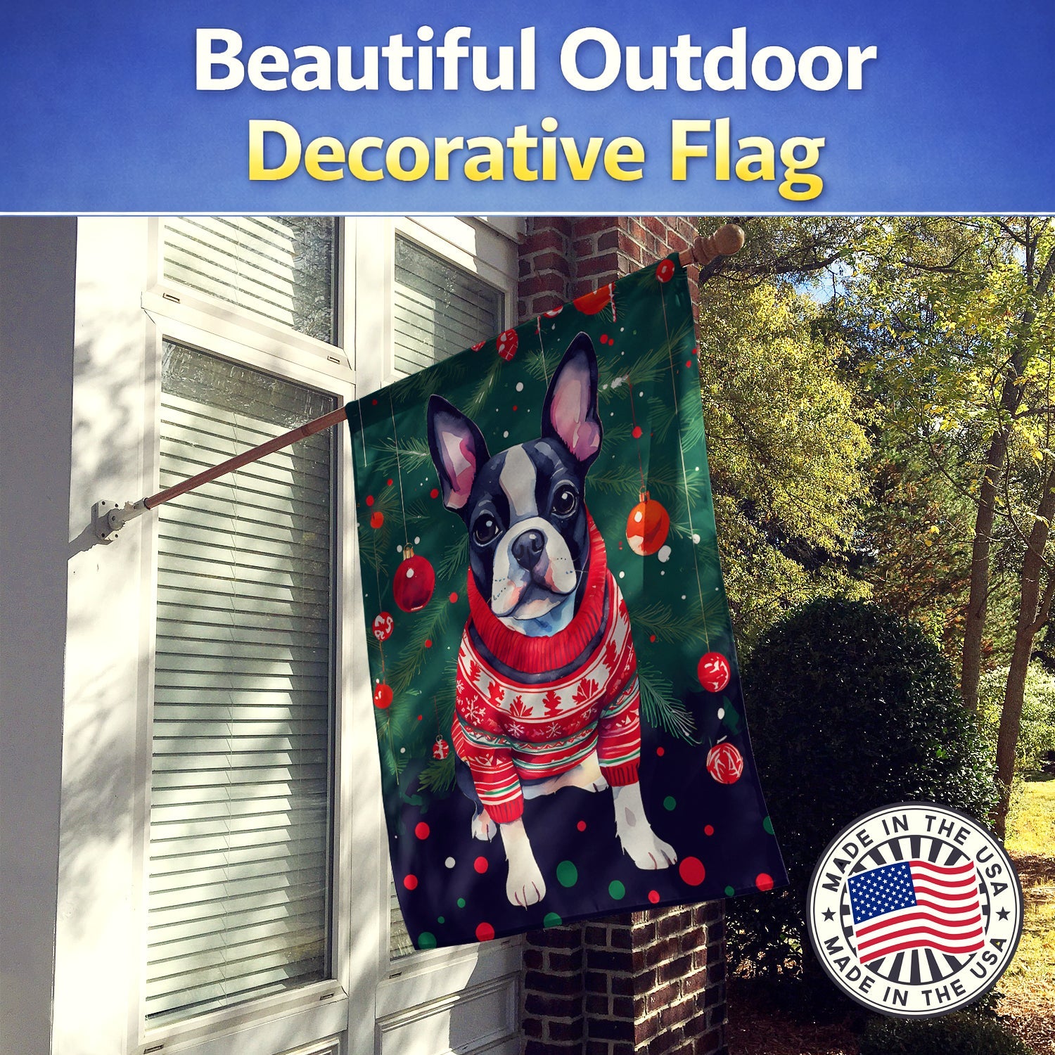 Boston Terrier Christmas House Flag 28x40 Porch Sleeve Pole Decorative Outside Yard Banner Artwork Wall Hanging, Polyester