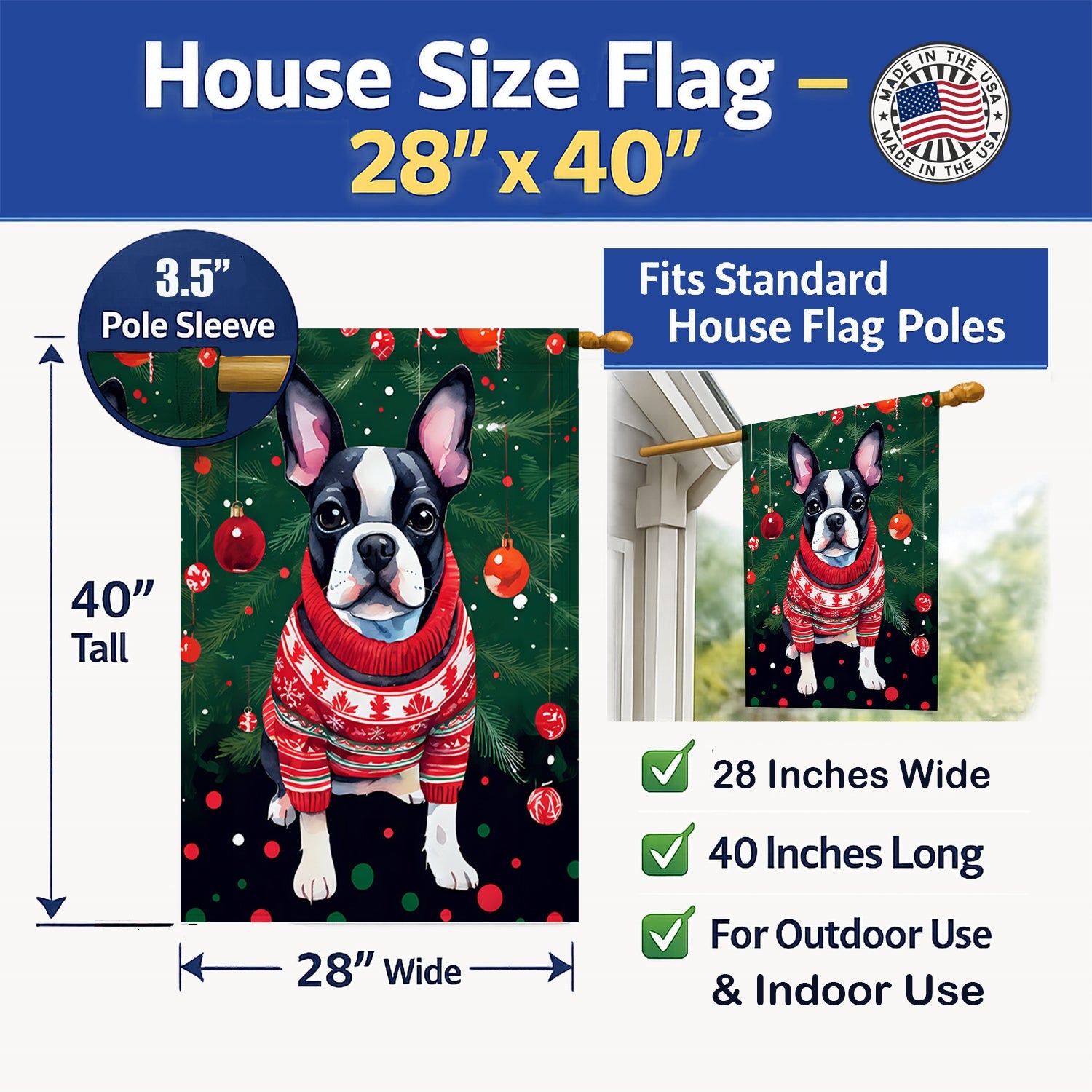 Boston Terrier Christmas House Flag 28x40 Porch Sleeve Pole Decorative Outside Yard Banner Artwork Wall Hanging, Polyester