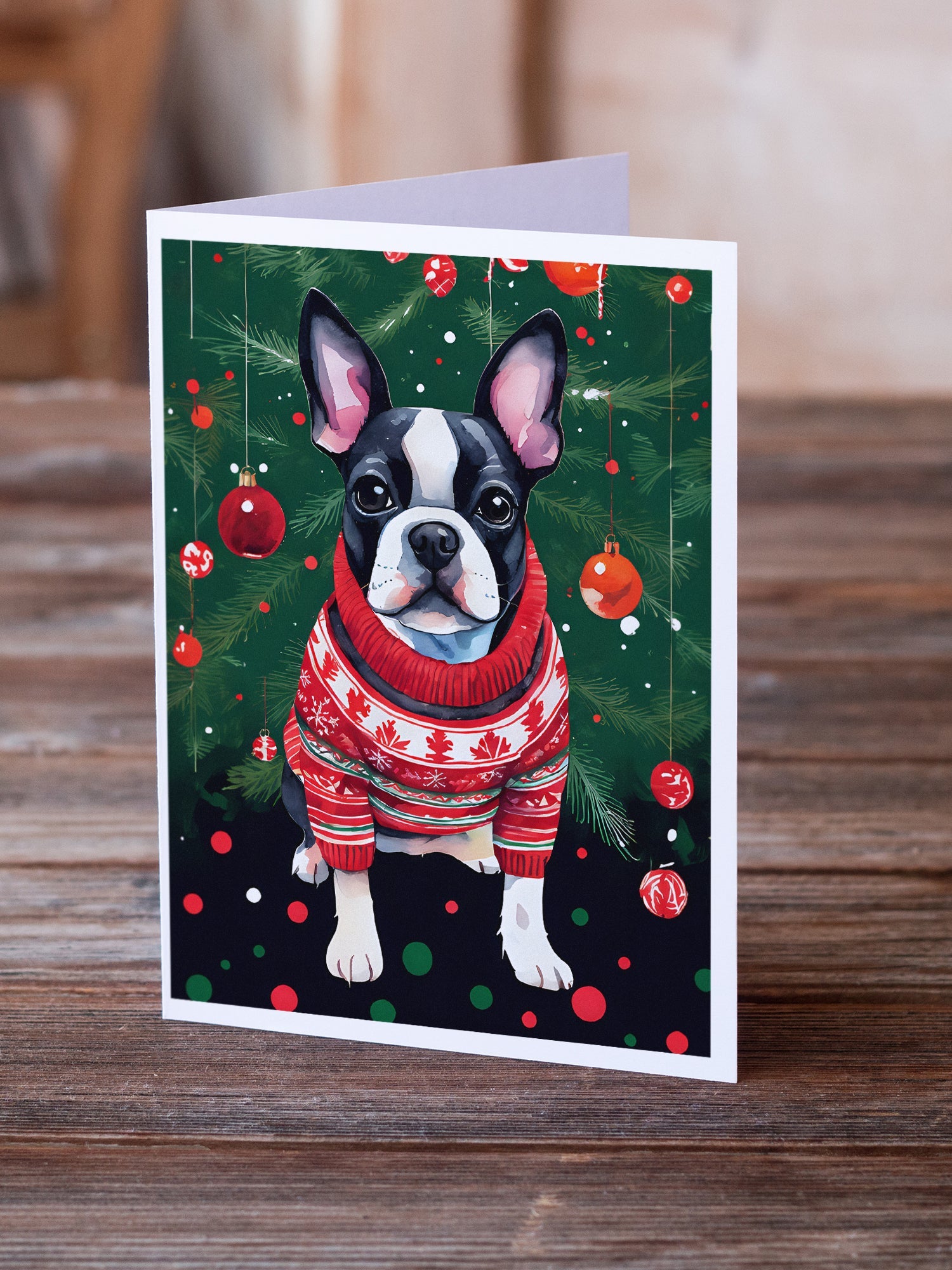Boston Terrier Christmas Greeting Cards Pack of 8 Blank Cards with Envelopes Whimsical A7 Size 5x7