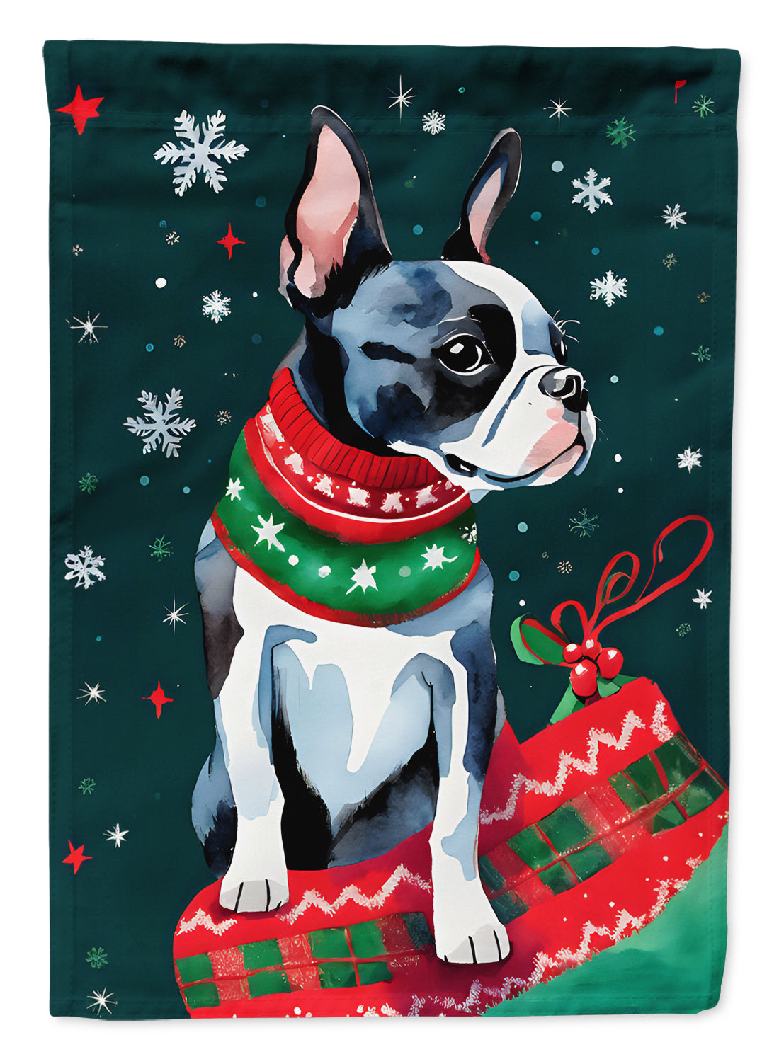 Boston Terrier Christmas House Flag 28x40 Porch Sleeve Pole Decorative Outside Yard Banner Artwork Wall Hanging, Polyester