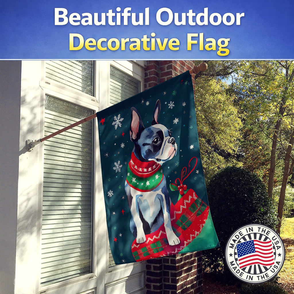 Boston Terrier Christmas House Flag 28x40 Porch Sleeve Pole Decorative Outside Yard Banner Artwork Wall Hanging, Polyester