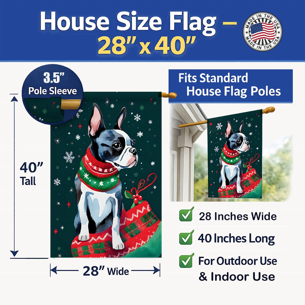 Boston Terrier Christmas House Flag 28x40 Porch Sleeve Pole Decorative Outside Yard Banner Artwork Wall Hanging, Polyester
