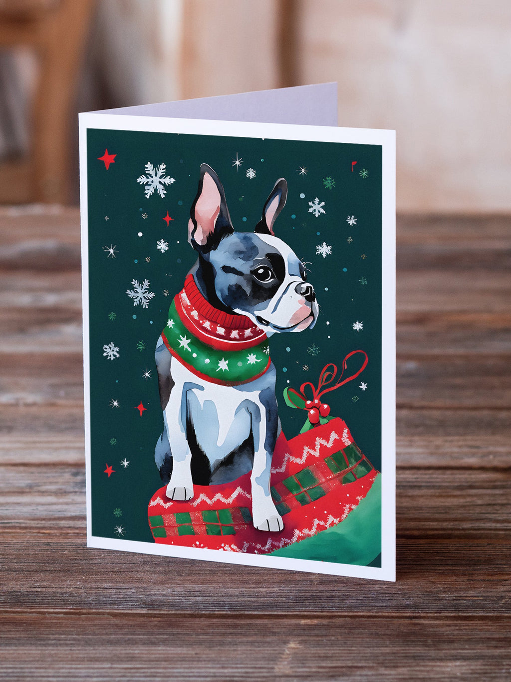 Boston Terrier Christmas Greeting Cards Pack of 8 Blank Cards with Envelopes Whimsical A7 Size 5x7