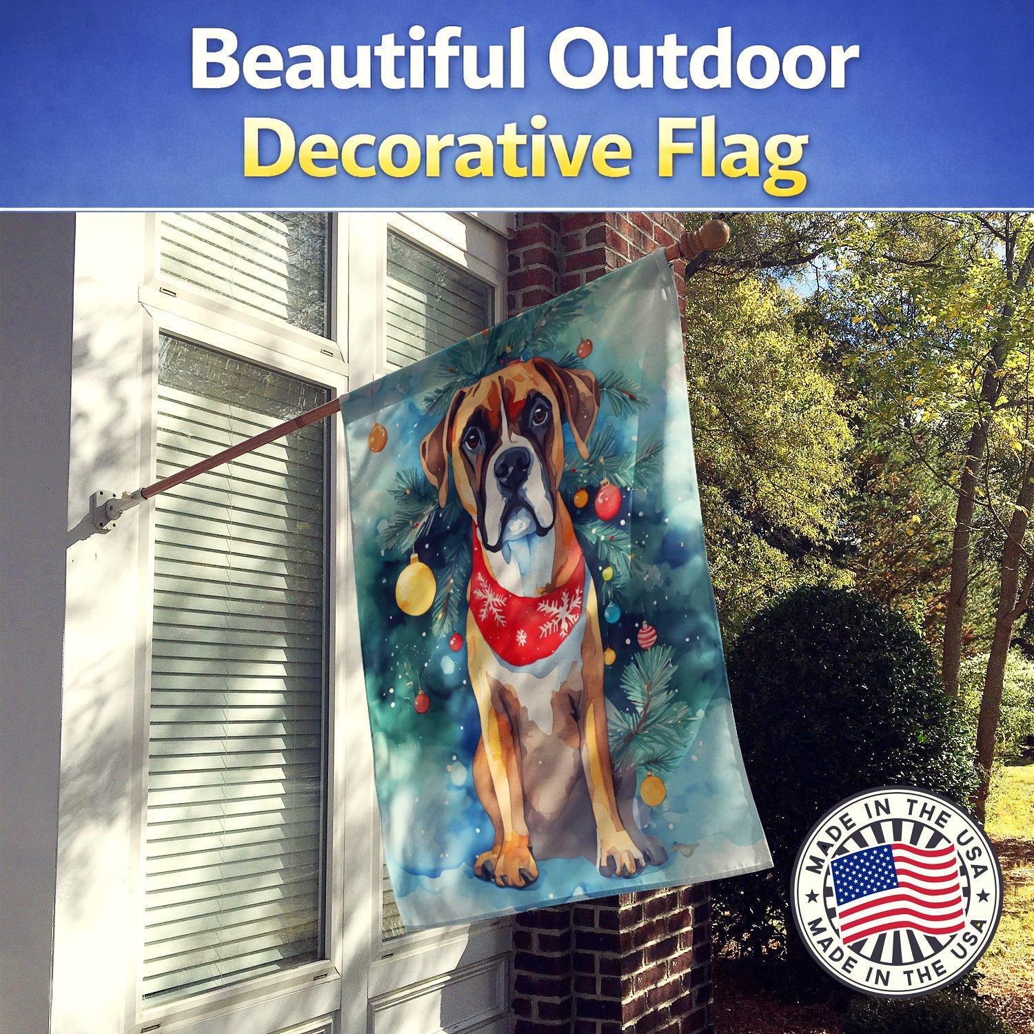 Boxer Christmas House Flag 28x40 Porch Sleeve Pole Decorative Outside Yard Banner Artwork Wall Hanging, Polyester