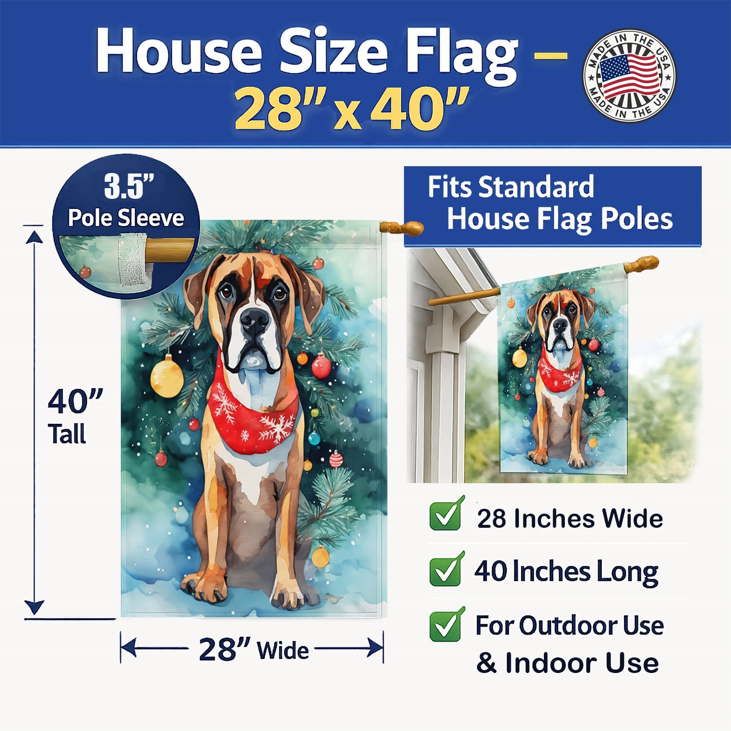 Boxer Christmas House Flag 28x40 Porch Sleeve Pole Decorative Outside Yard Banner Artwork Wall Hanging, Polyester