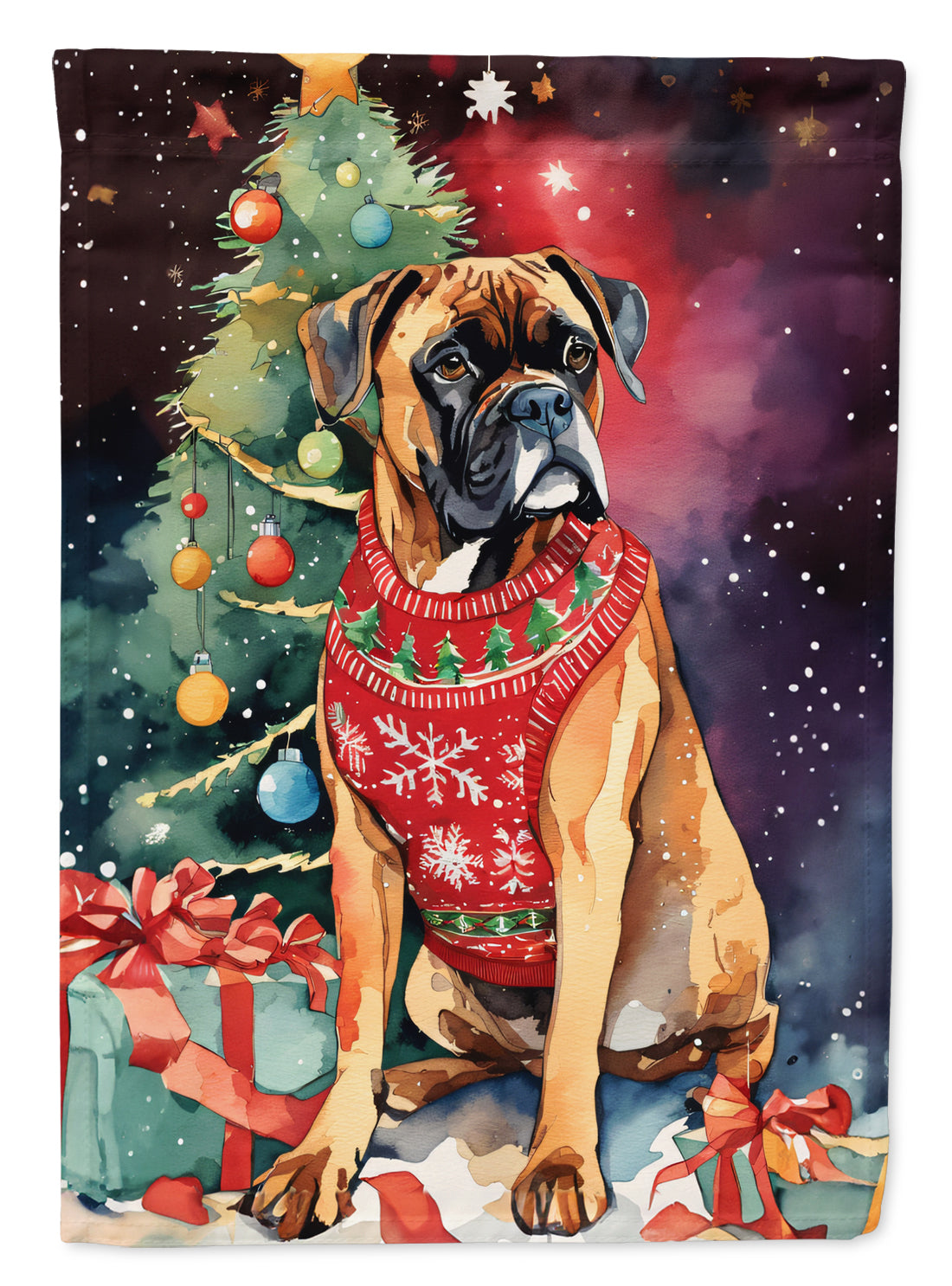 Boxer Christmas House Flag 28x40 Porch Sleeve Pole Decorative Outside Yard Banner Artwork Wall Hanging, Polyester