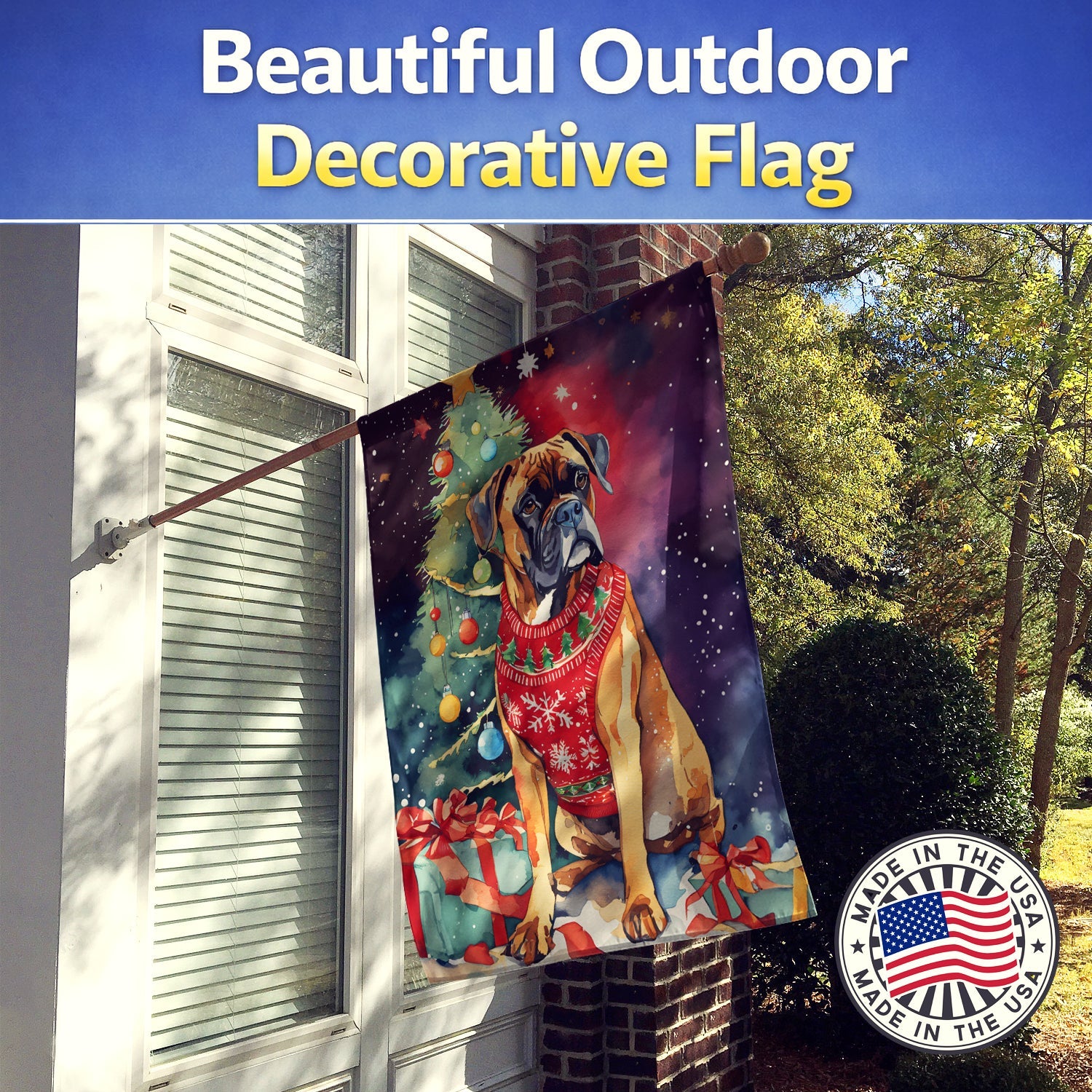 Boxer Christmas House Flag 28x40 Porch Sleeve Pole Decorative Outside Yard Banner Artwork Wall Hanging, Polyester