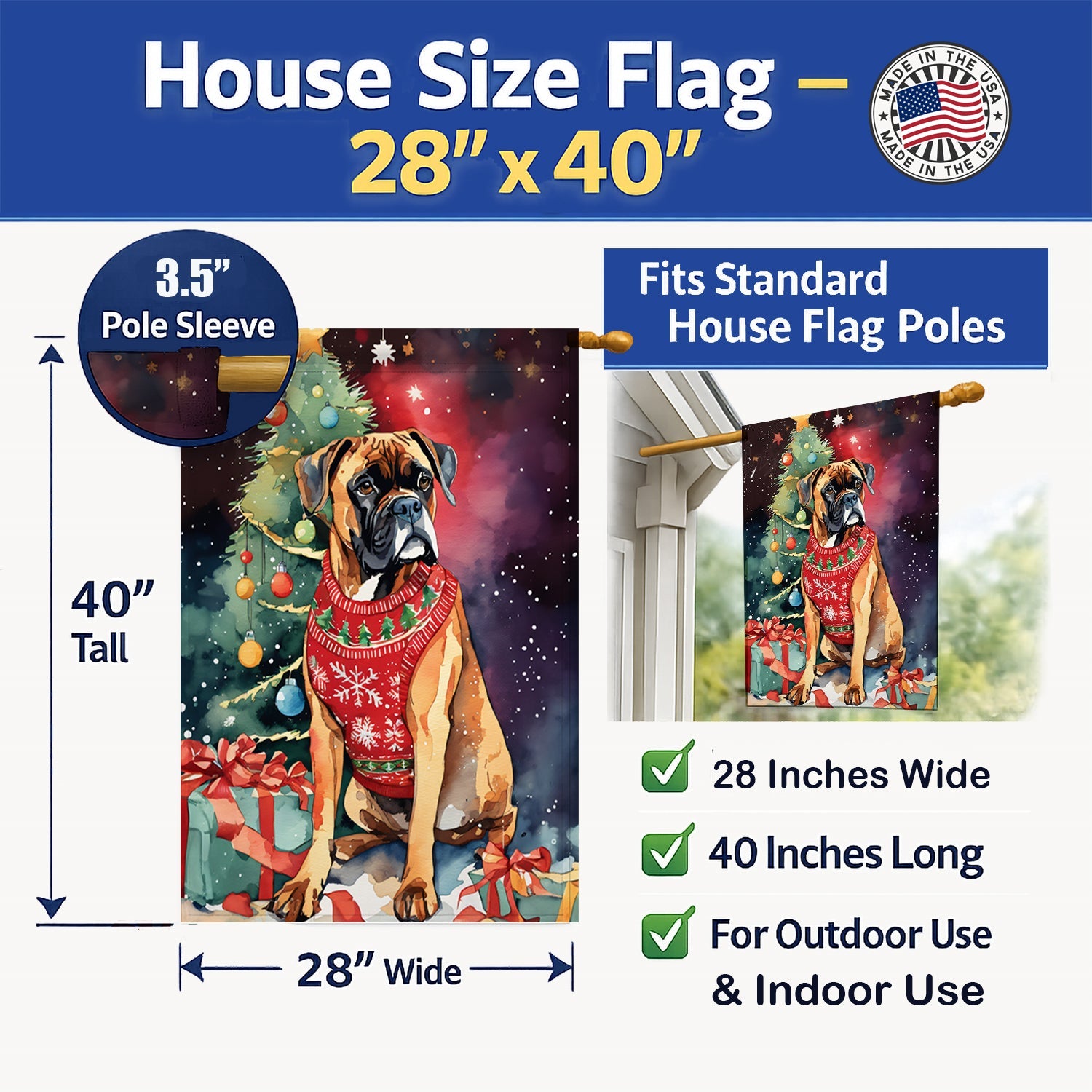 Boxer Christmas House Flag 28x40 Porch Sleeve Pole Decorative Outside Yard Banner Artwork Wall Hanging, Polyester