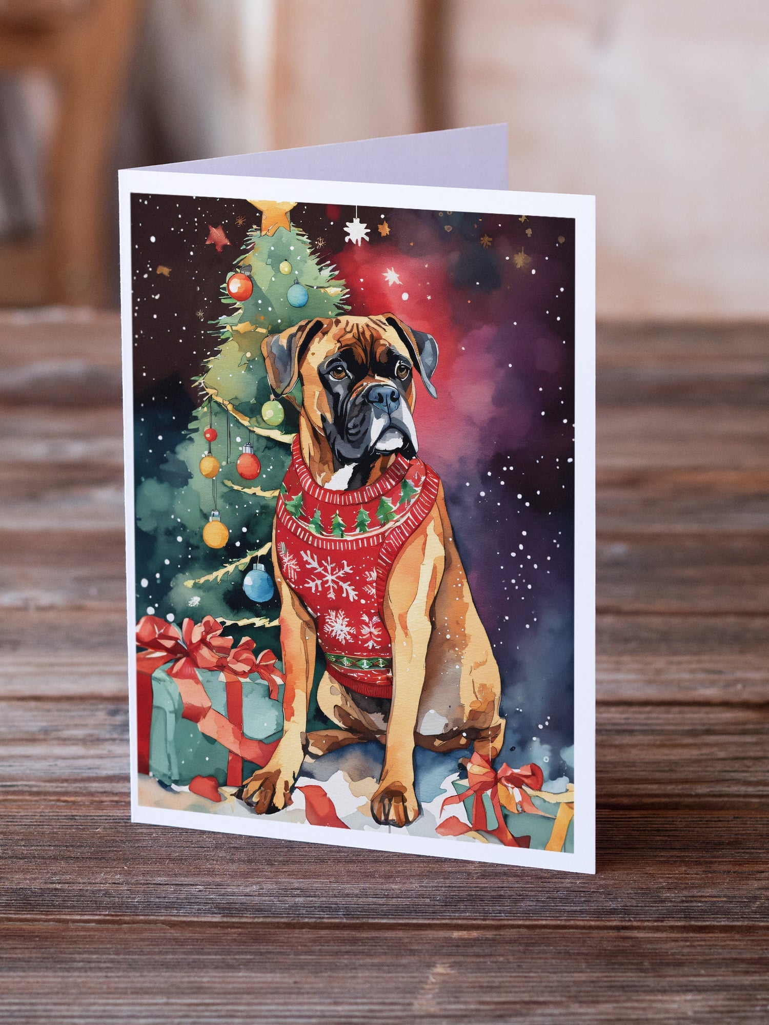 Boxer Christmas Greeting Cards Pack of 8 Blank Cards with Envelopes Whimsical A7 Size 5x7
