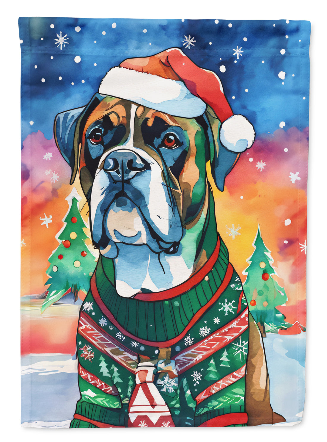Boxer Christmas House Flag 28x40 Porch Sleeve Pole Decorative Outside Yard Banner Artwork Wall Hanging, Polyester