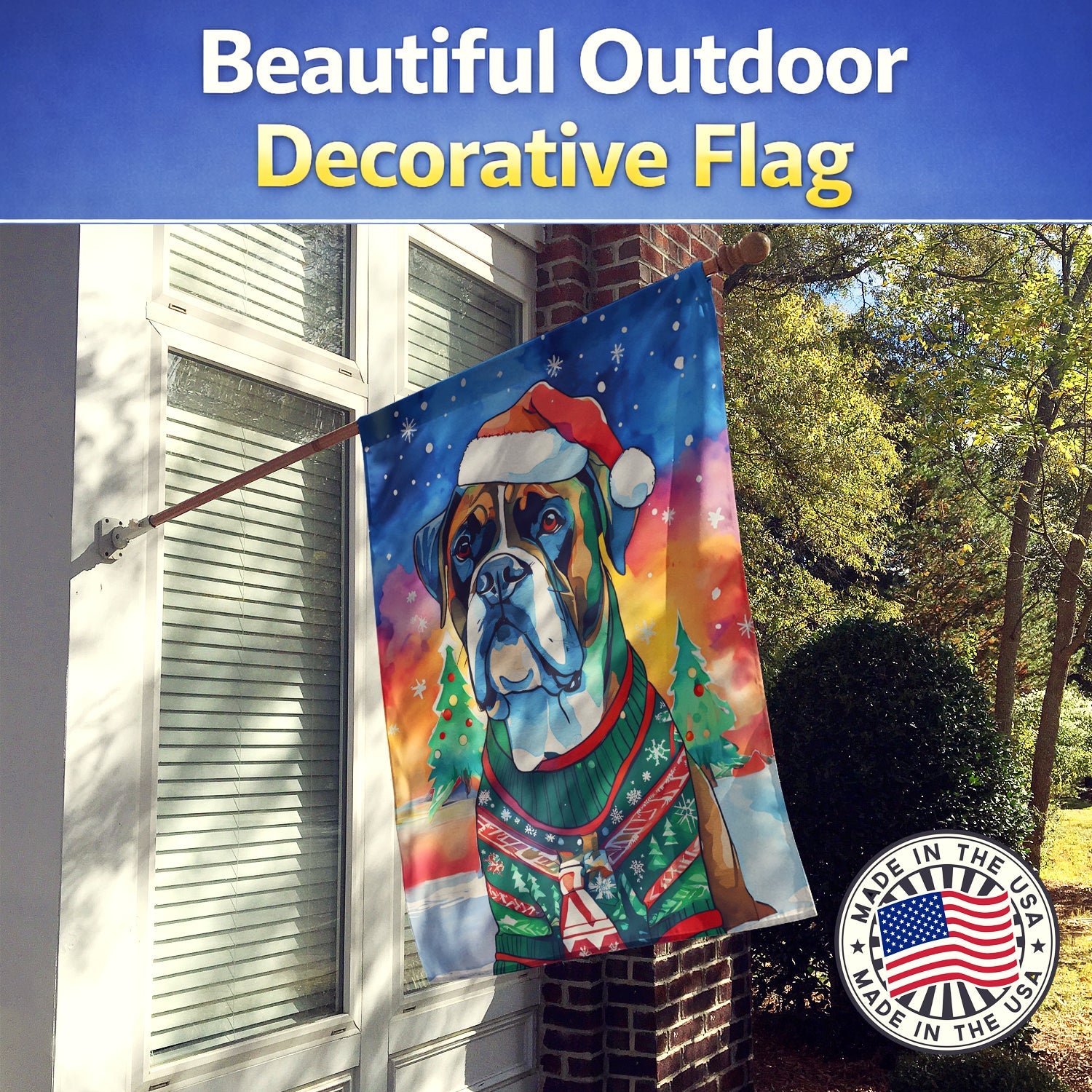 Boxer Christmas House Flag 28x40 Porch Sleeve Pole Decorative Outside Yard Banner Artwork Wall Hanging, Polyester