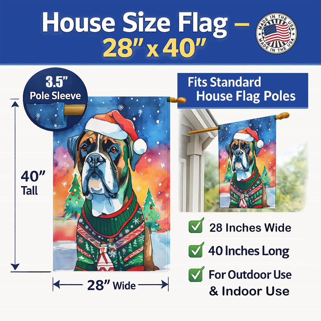 Boxer Christmas House Flag 28x40 Porch Sleeve Pole Decorative Outside Yard Banner Artwork Wall Hanging, Polyester