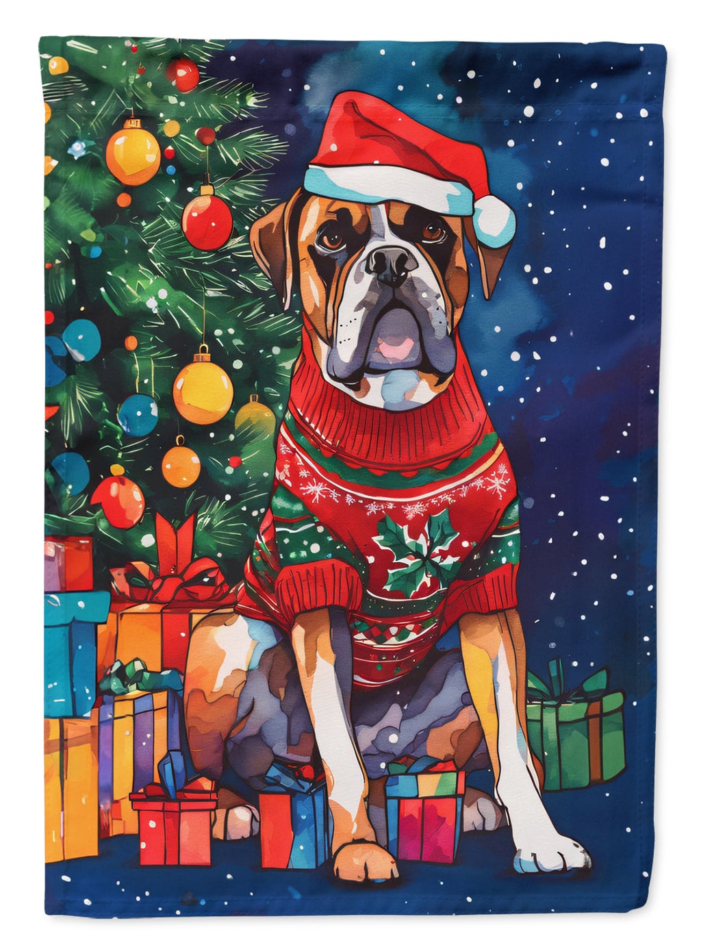 Boxer Christmas House Flag 28x40 Porch Sleeve Pole Decorative Outside Yard Banner Artwork Wall Hanging, Polyester