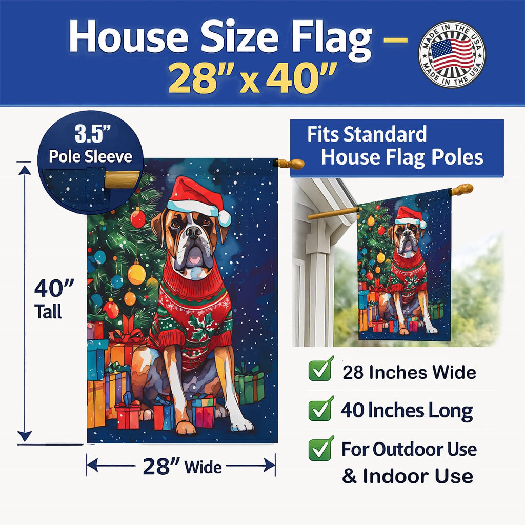 Boxer Christmas House Flag 28x40 Porch Sleeve Pole Decorative Outside Yard Banner Artwork Wall Hanging, Polyester