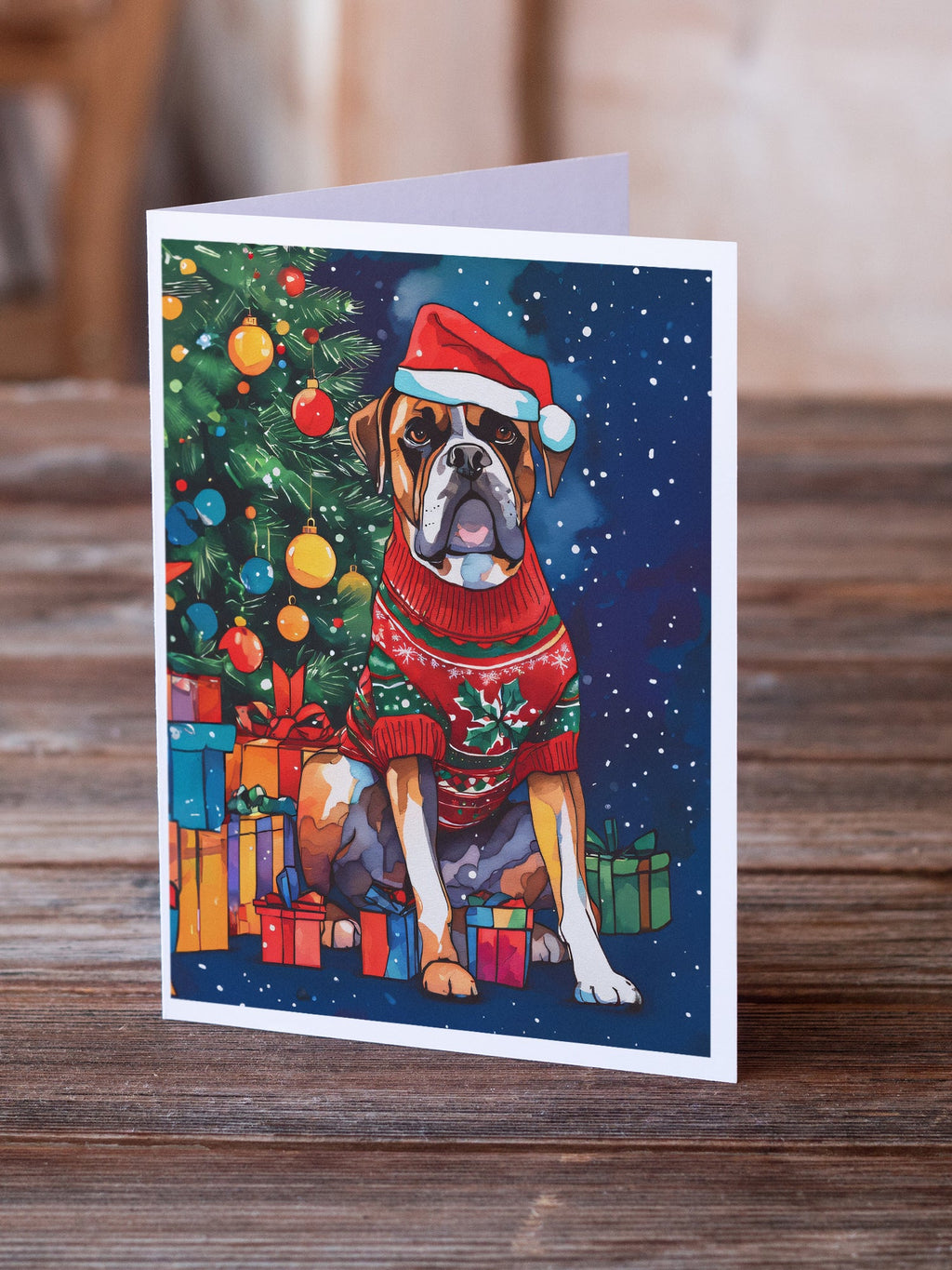 Boxer Christmas Greeting Cards Pack of 8 Blank Cards with Envelopes Whimsical A7 Size 5x7
