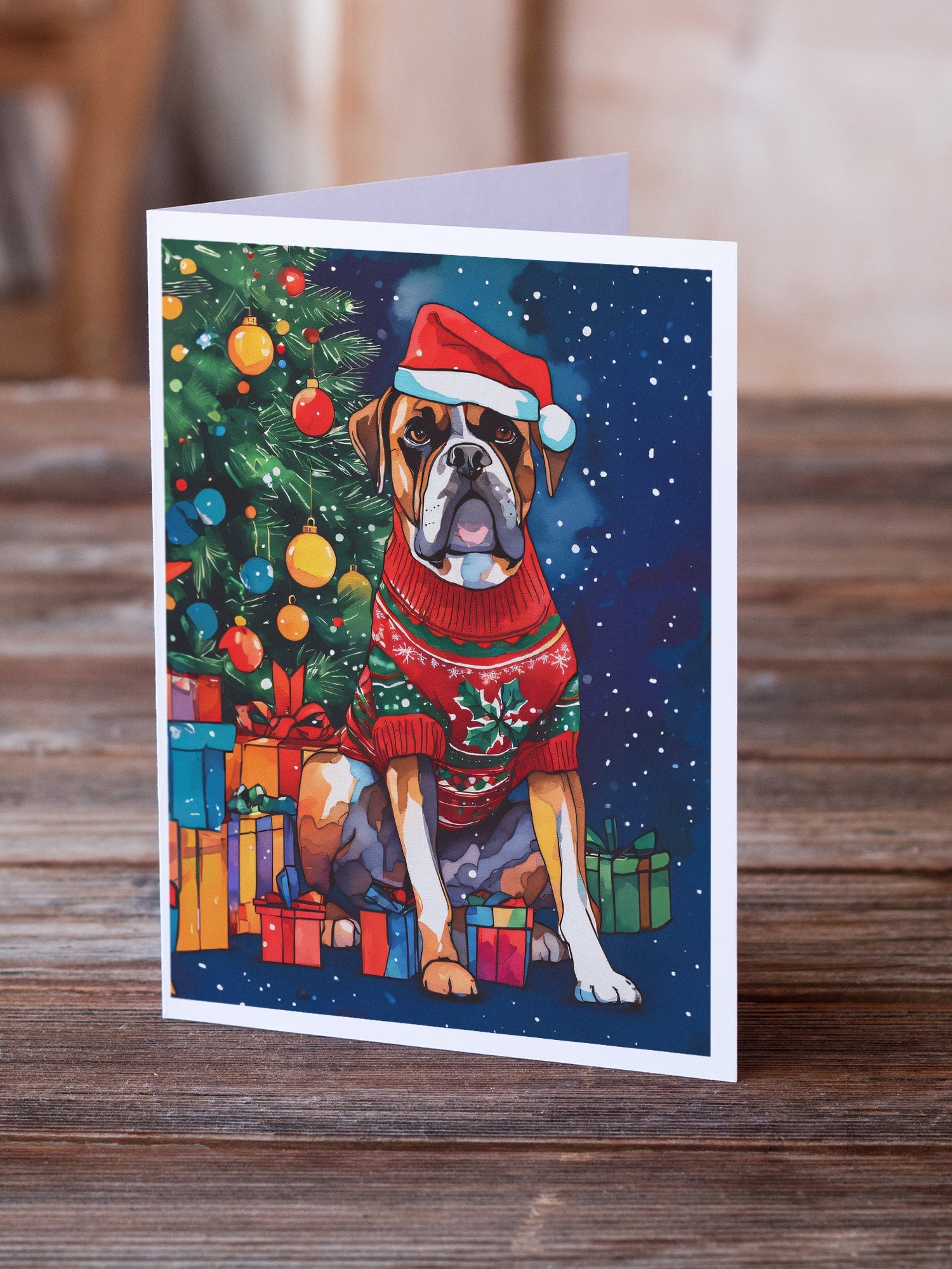 Boxer Christmas Greeting Cards Pack of 8 Blank Cards with Envelopes Whimsical A7 Size 5x7