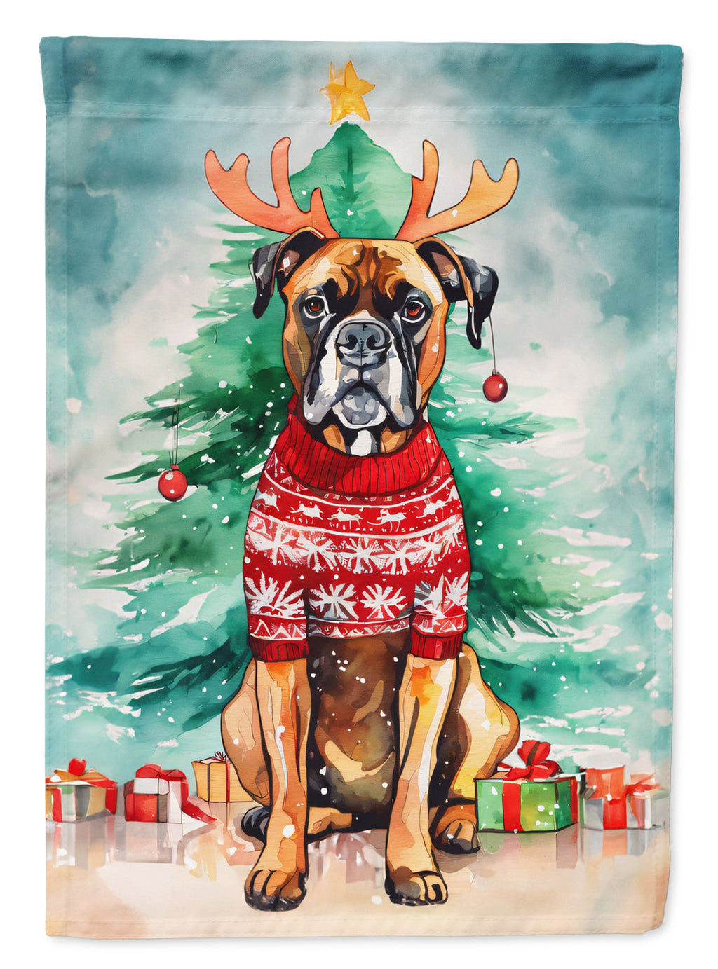 Boxer Christmas House Flag 28x40 Porch Sleeve Pole Decorative Outside Yard Banner Artwork Wall Hanging, Polyester