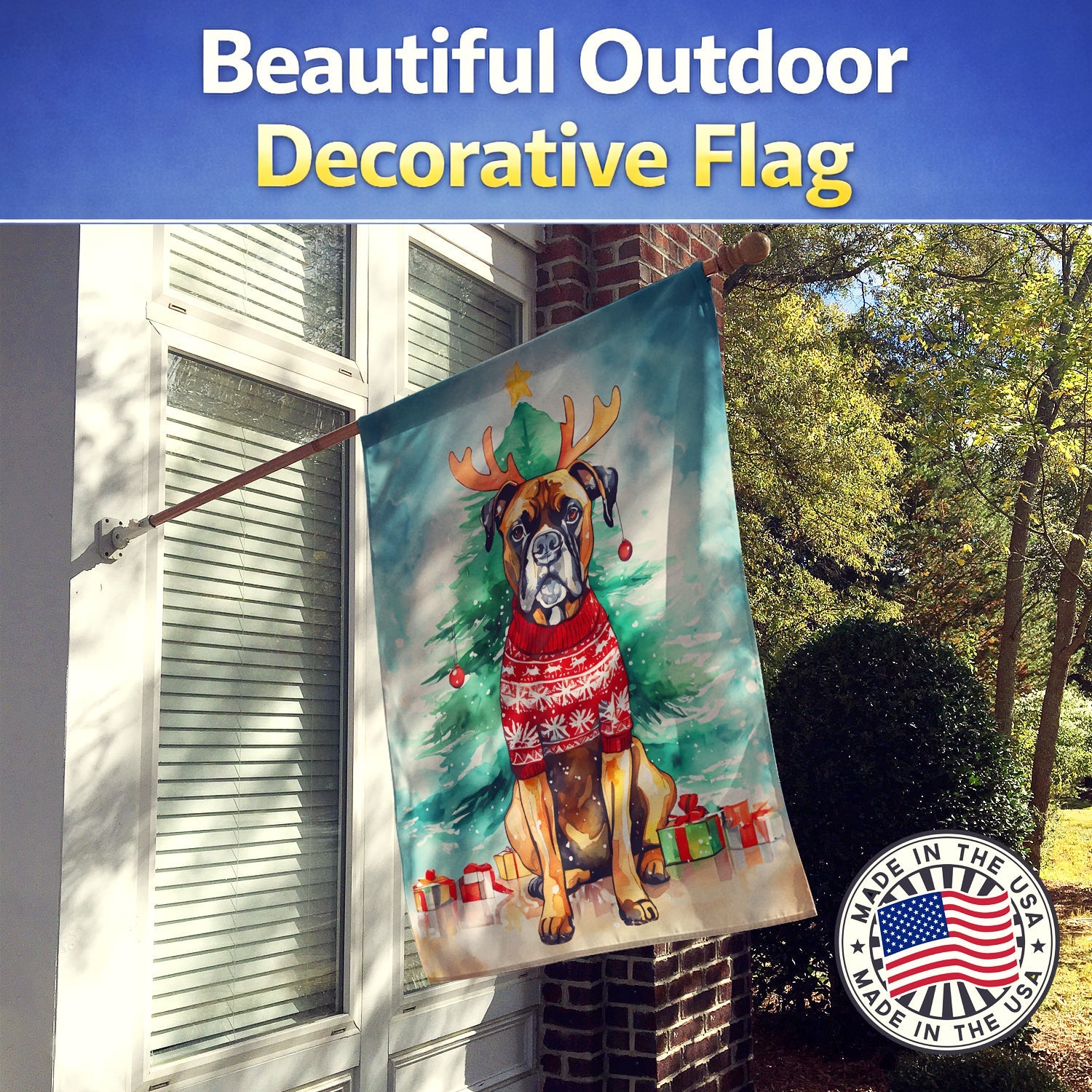 Boxer Christmas House Flag 28x40 Porch Sleeve Pole Decorative Outside Yard Banner Artwork Wall Hanging, Polyester