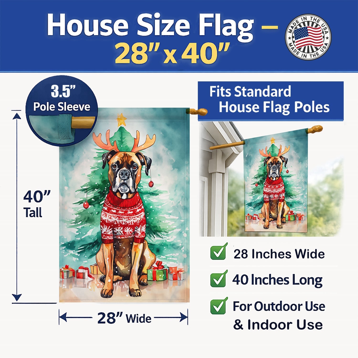 Boxer Christmas House Flag 28x40 Porch Sleeve Pole Decorative Outside Yard Banner Artwork Wall Hanging, Polyester