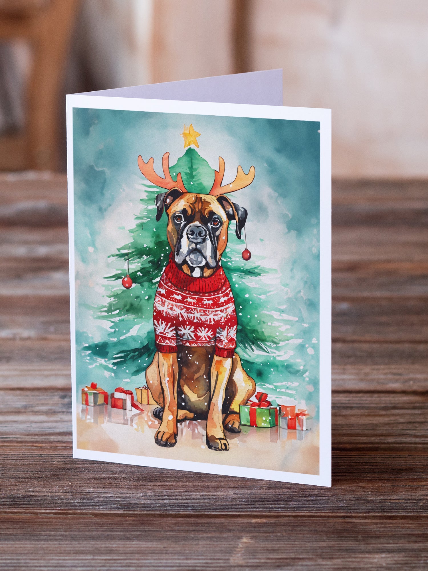Boxer Christmas Greeting Cards Pack of 8 Blank Cards with Envelopes Whimsical A7 Size 5x7