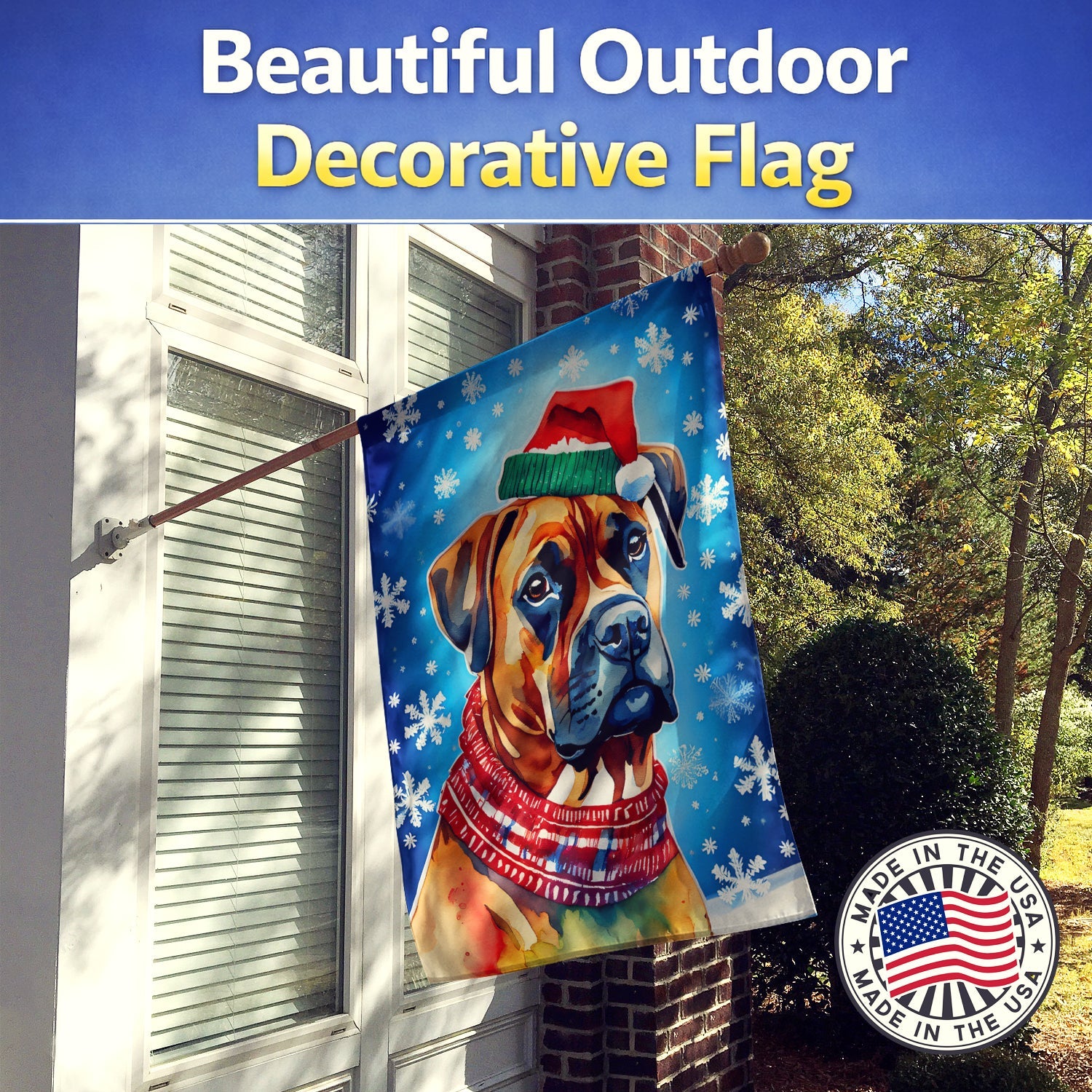 Boxer Christmas House Flag 28x40 Porch Sleeve Pole Decorative Outside Yard Banner Artwork Wall Hanging, Polyester