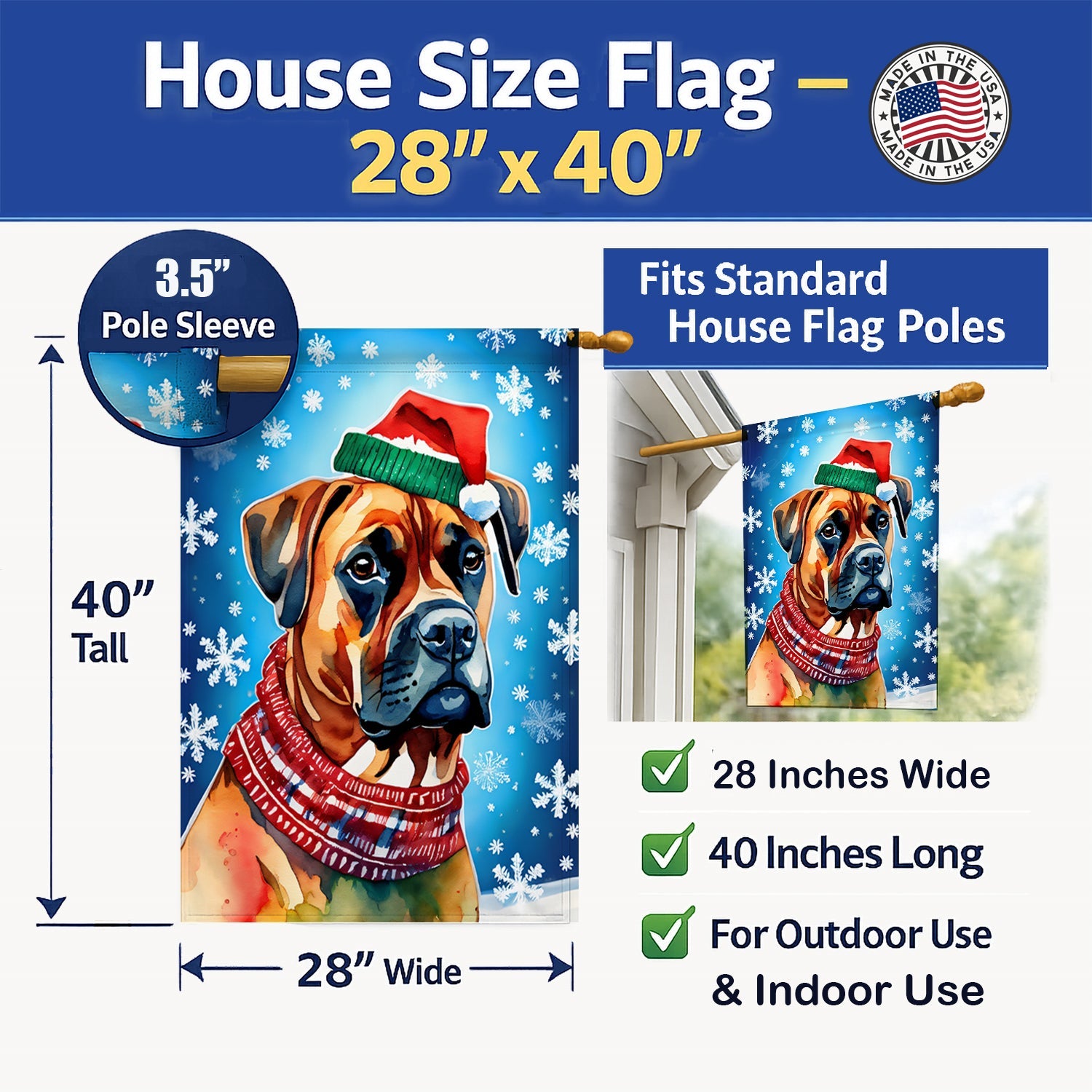 Boxer Christmas House Flag 28x40 Porch Sleeve Pole Decorative Outside Yard Banner Artwork Wall Hanging, Polyester