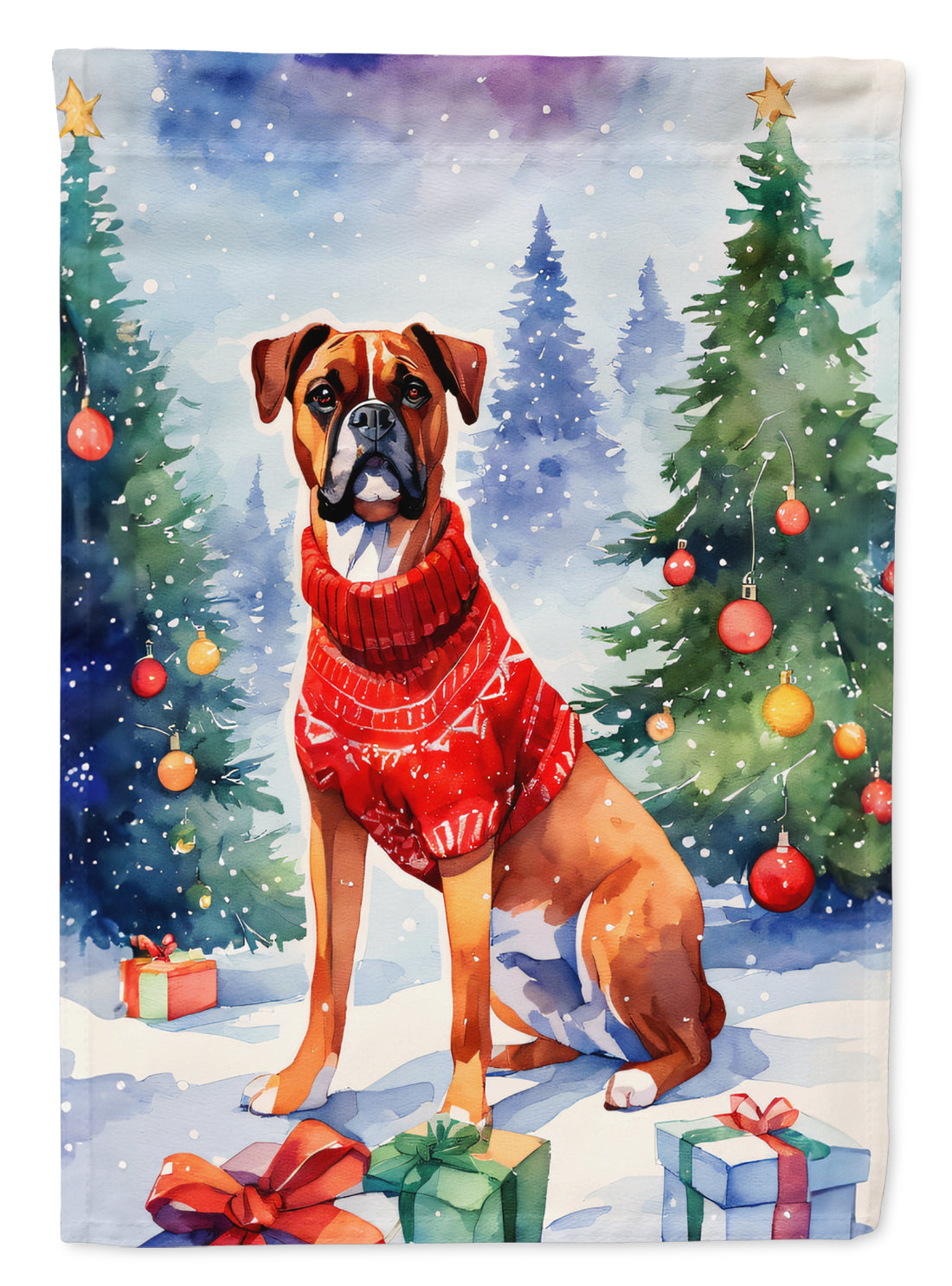 Boxer Christmas House Flag 28x40 Porch Sleeve Pole Decorative Outside Yard Banner Artwork Wall Hanging, Polyester