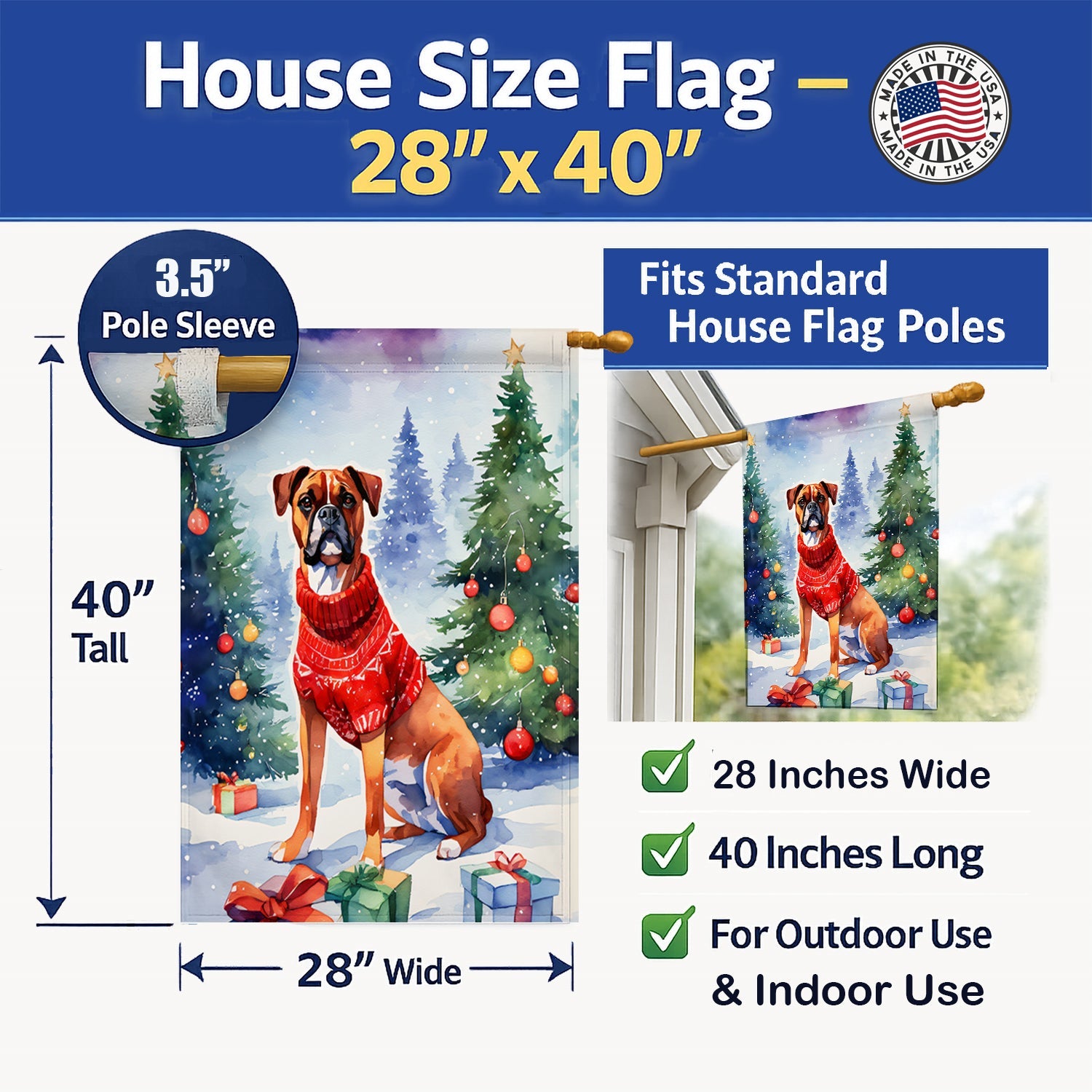 Boxer Christmas House Flag 28x40 Porch Sleeve Pole Decorative Outside Yard Banner Artwork Wall Hanging, Polyester
