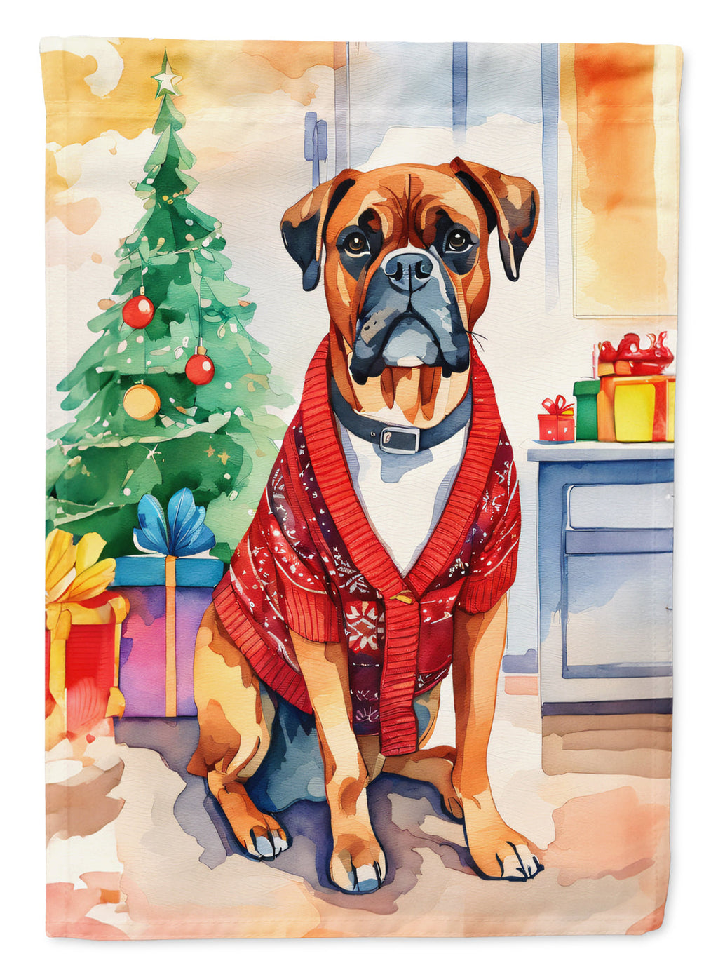 Boxer Christmas House Flag 28x40 Porch Sleeve Pole Decorative Outside Yard Banner Artwork Wall Hanging, Polyester