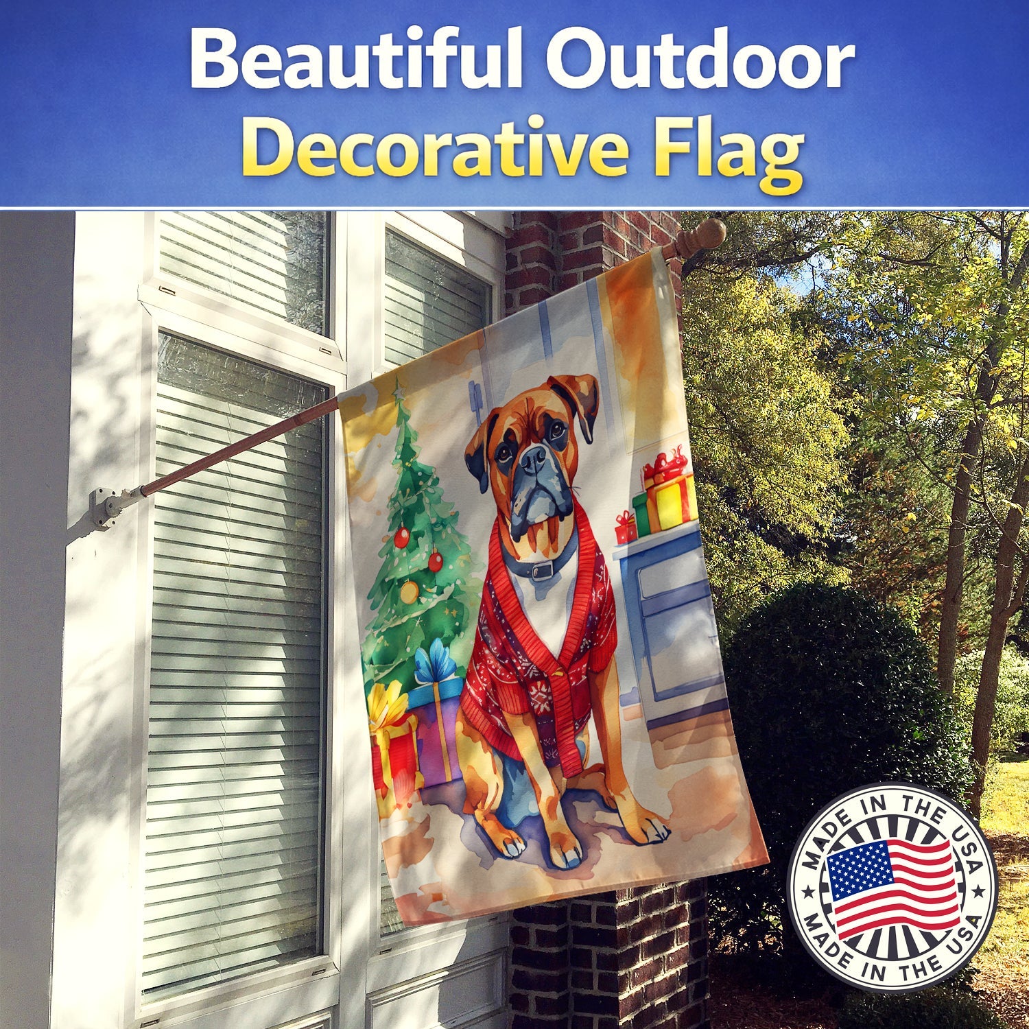 Boxer Christmas House Flag 28x40 Porch Sleeve Pole Decorative Outside Yard Banner Artwork Wall Hanging, Polyester