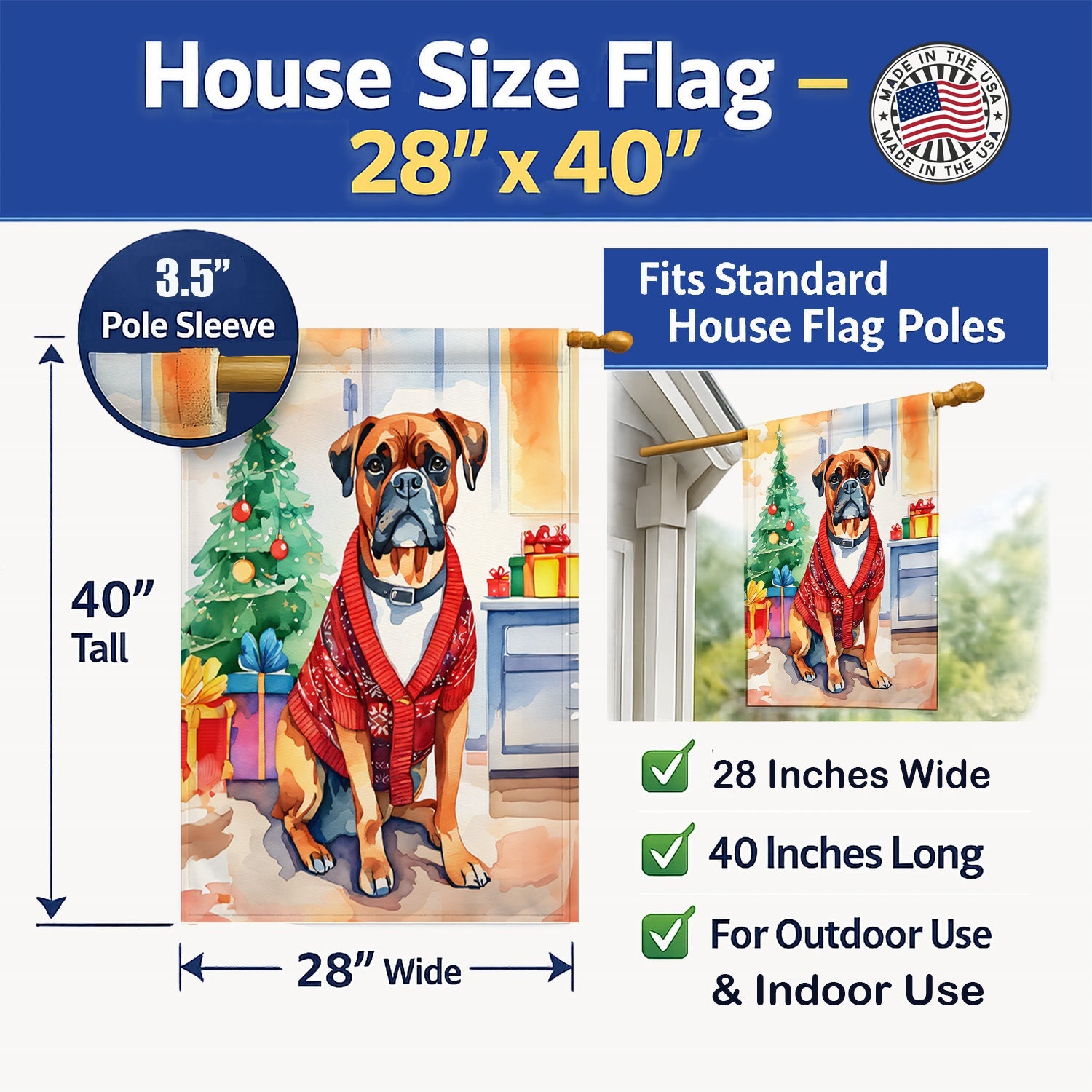 Boxer Christmas House Flag 28x40 Porch Sleeve Pole Decorative Outside Yard Banner Artwork Wall Hanging, Polyester