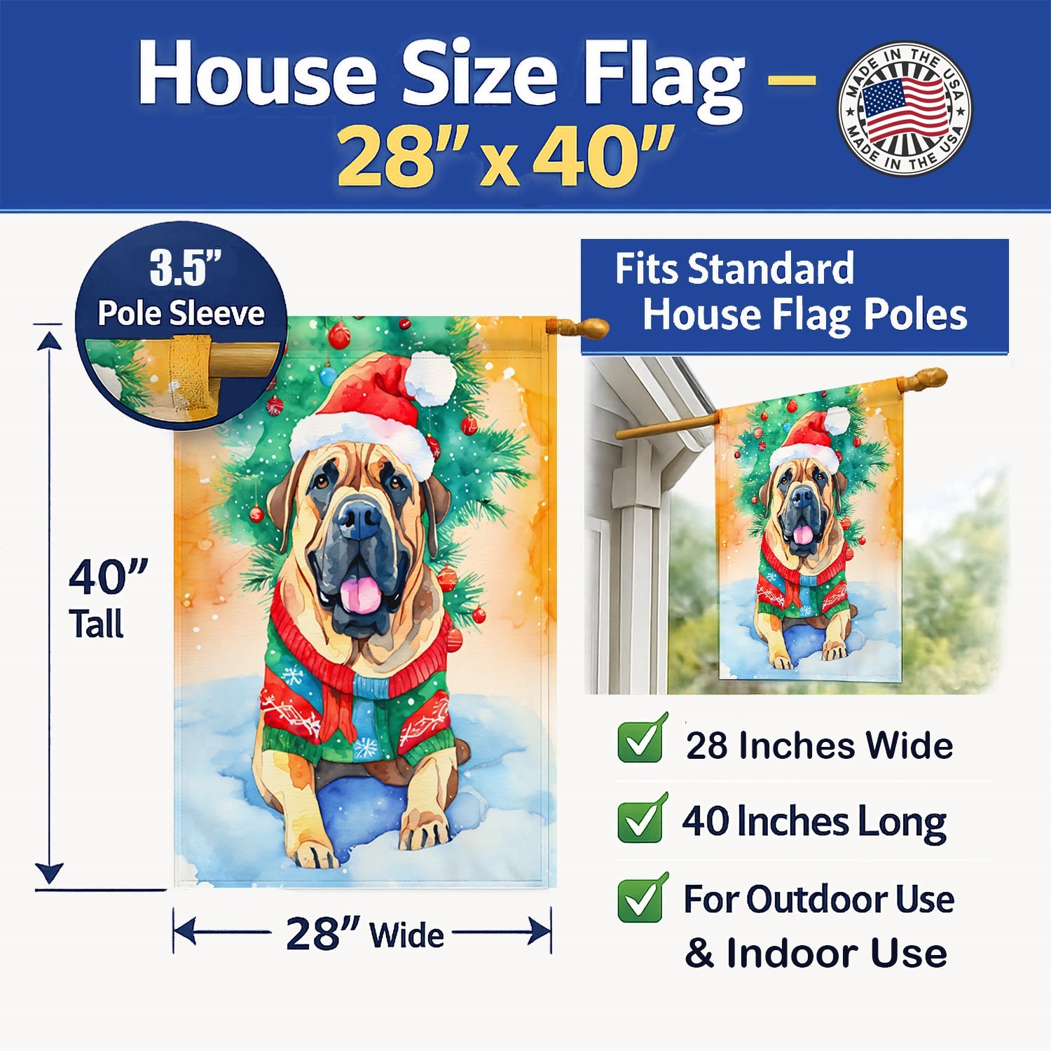 Bullmastiff Christmas House Flag 28x40 Porch Sleeve Pole Decorative Outside Yard Banner Artwork Wall Hanging, Polyester