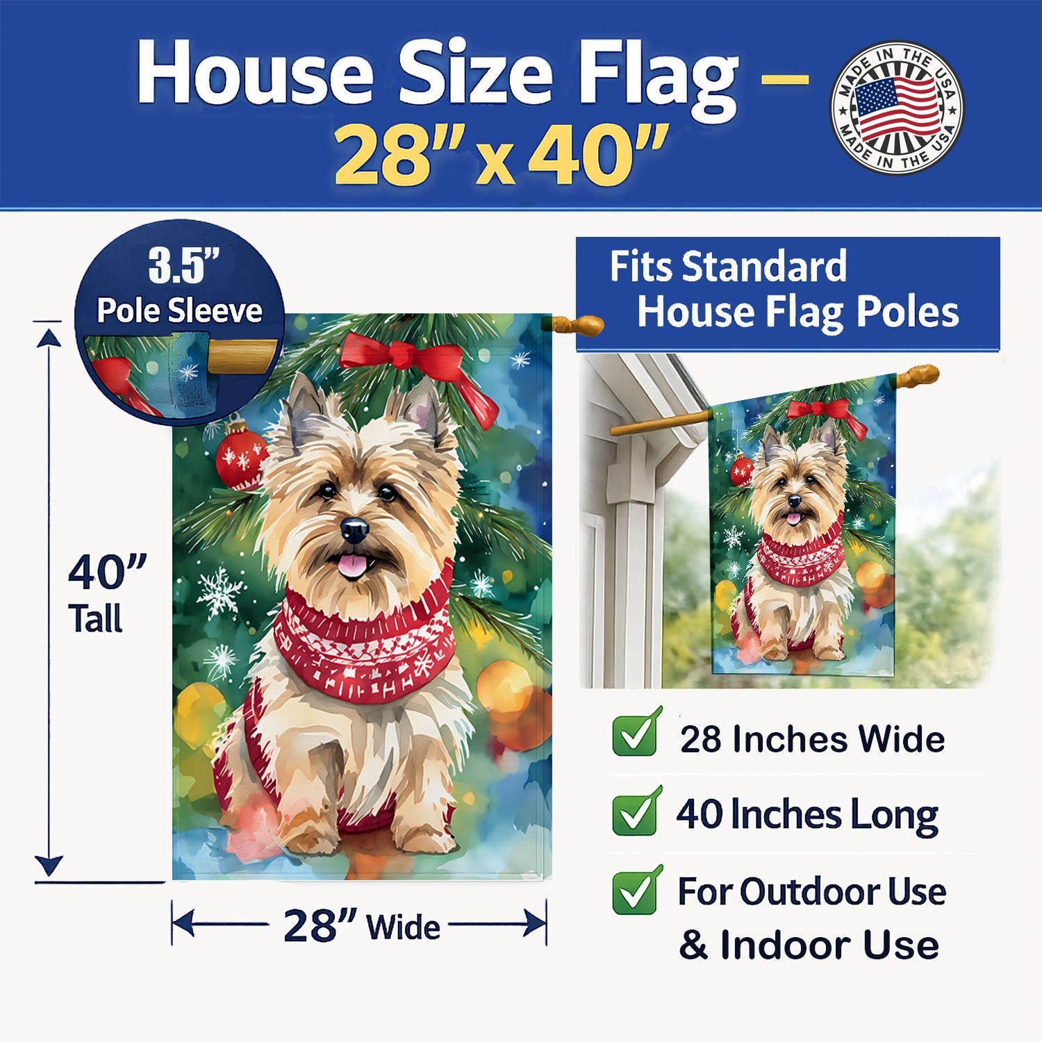 Cairn Terrier Christmas House Flag 28x40 Porch Sleeve Pole Decorative Outside Yard Banner Artwork Wall Hanging, Polyester