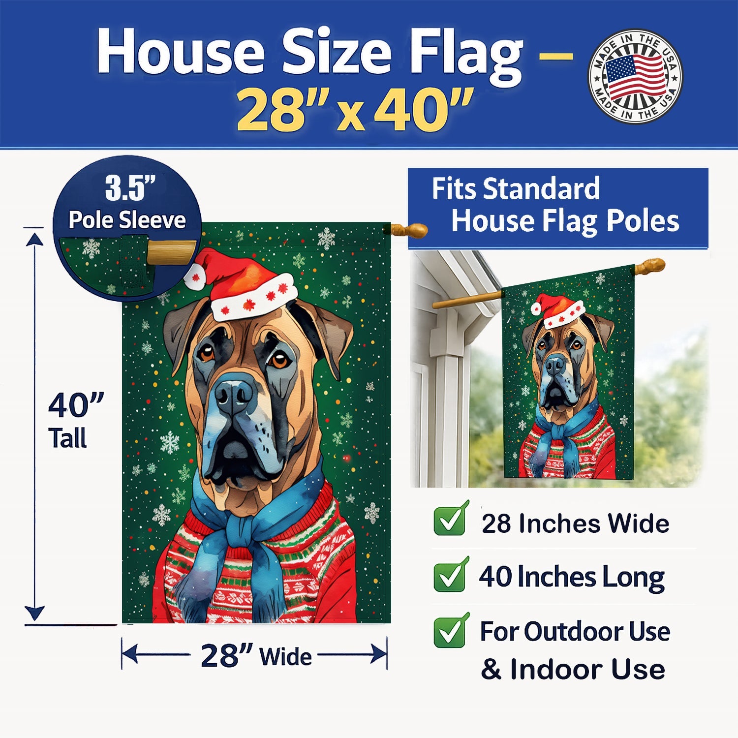 Cane Corso Christmas House Flag 28x40 Porch Sleeve Pole Decorative Outside Yard Banner Artwork Wall Hanging, Polyester