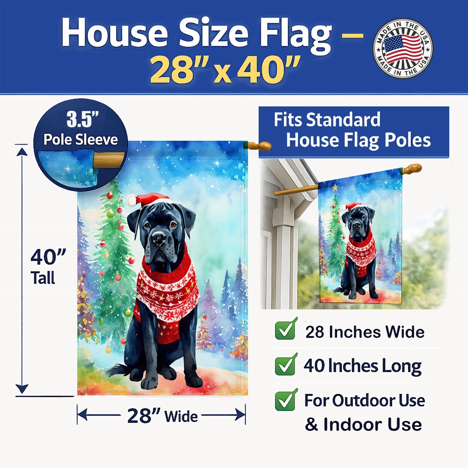 Cane Corso Christmas House Flag 28x40 Porch Sleeve Pole Decorative Outside Yard Banner Artwork Wall Hanging, Polyester