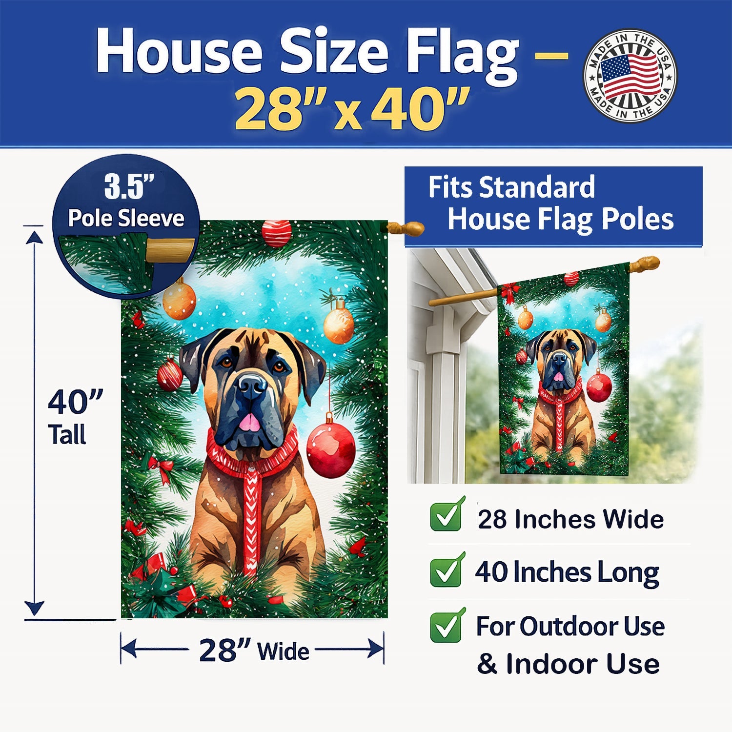 Cane Corso Christmas House Flag 28x40 Porch Sleeve Pole Decorative Outside Yard Banner Artwork Wall Hanging, Polyester