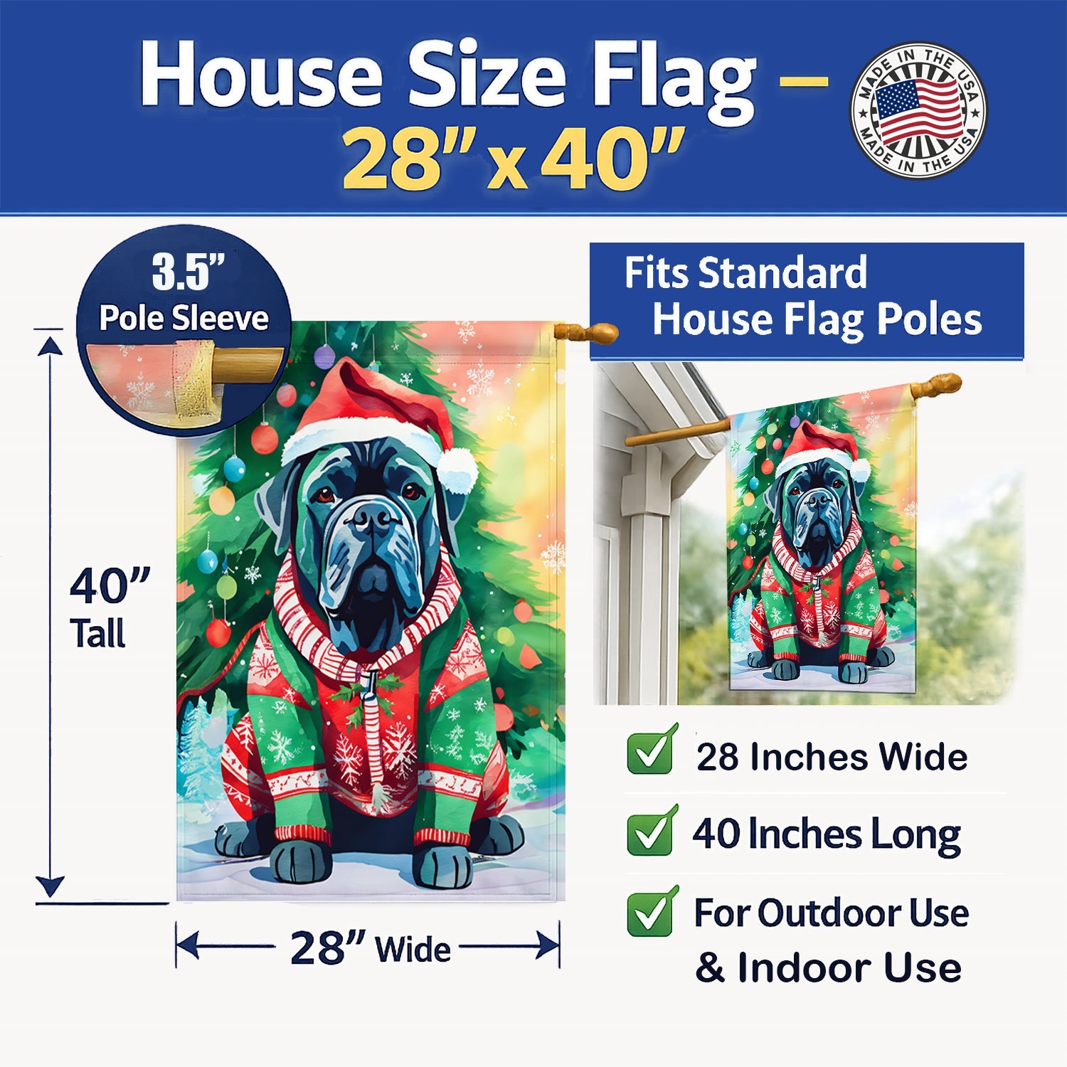 Cane Corso Christmas House Flag 28x40 Porch Sleeve Pole Decorative Outside Yard Banner Artwork Wall Hanging, Polyester