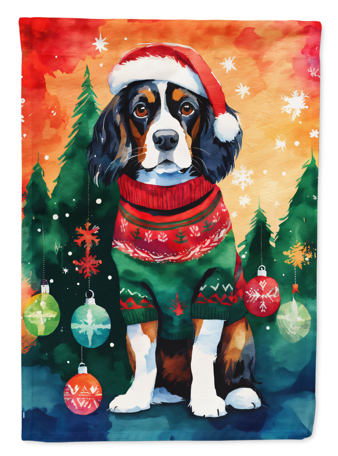 Cavalier Spaniel Christmas House Flag 28x40 Porch Sleeve Pole Decorative Outside Yard Banner Artwork Wall Hanging, Polyester