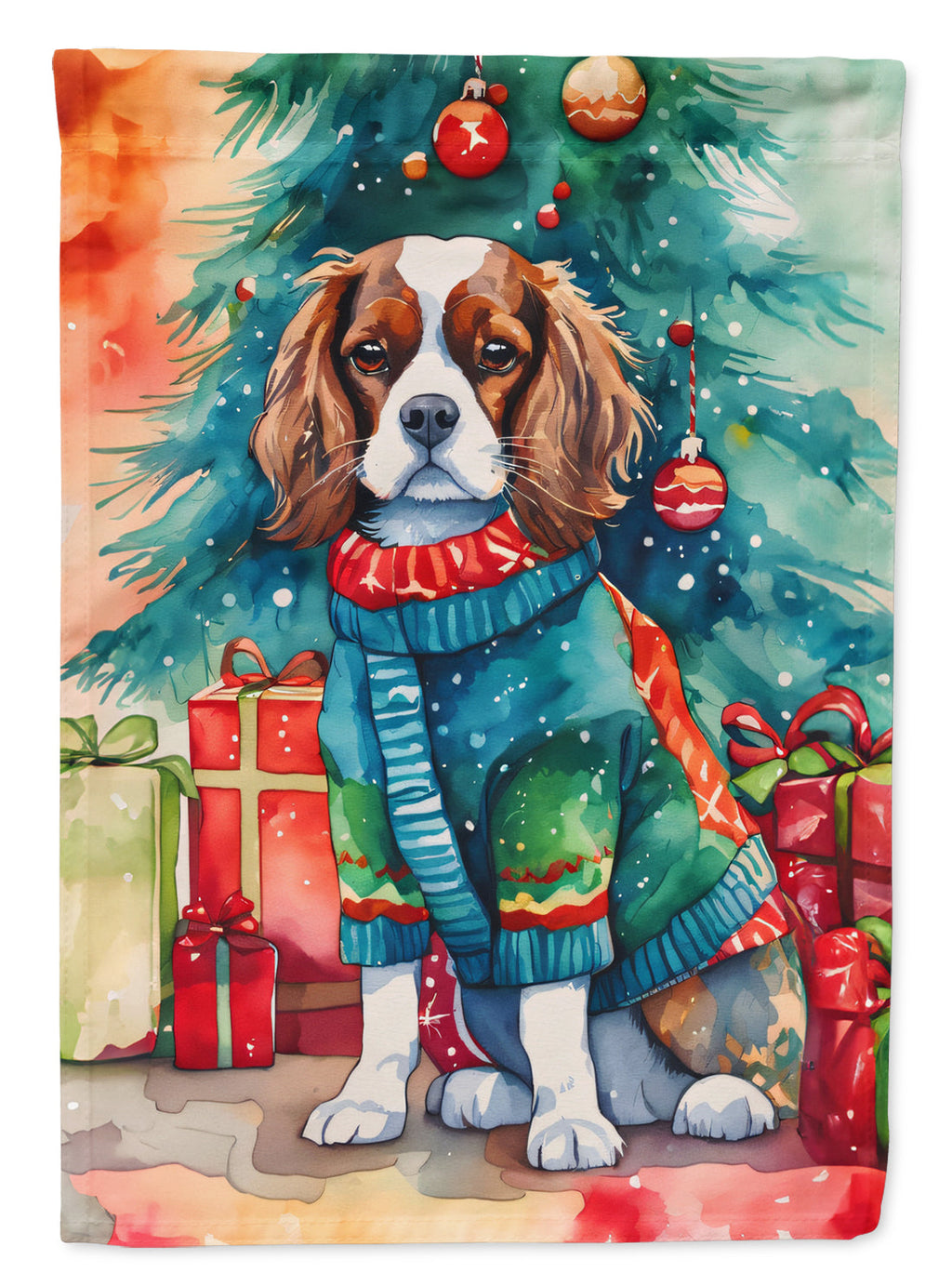 Cavalier Spaniel Christmas House Flag 28x40 Porch Sleeve Pole Decorative Outside Yard Banner Artwork Wall Hanging, Polyester