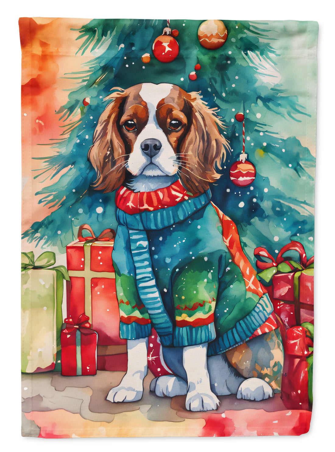Cavalier Spaniel Christmas House Flag 28x40 Porch Sleeve Pole Decorative Outside Yard Banner Artwork Wall Hanging, Polyester