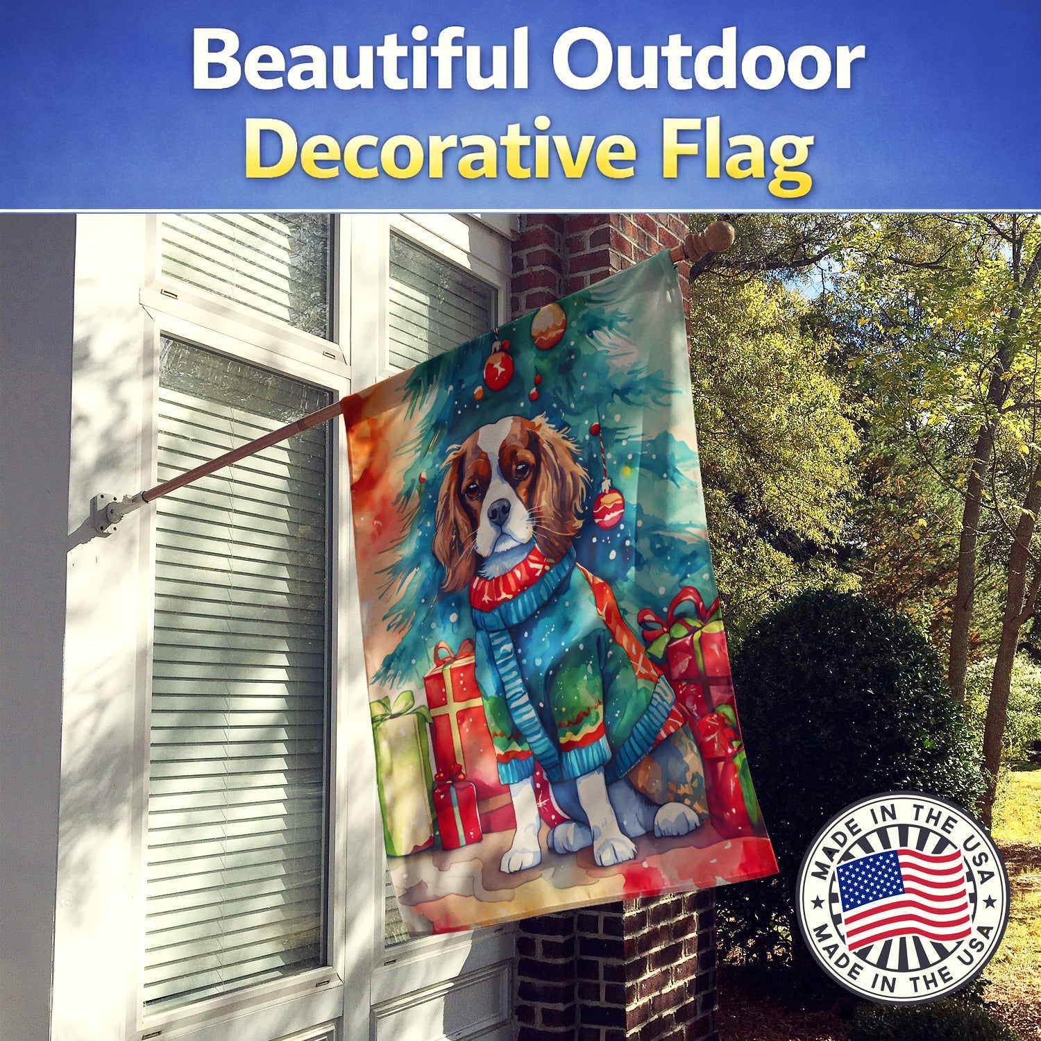 Cavalier Spaniel Christmas House Flag 28x40 Porch Sleeve Pole Decorative Outside Yard Banner Artwork Wall Hanging, Polyester