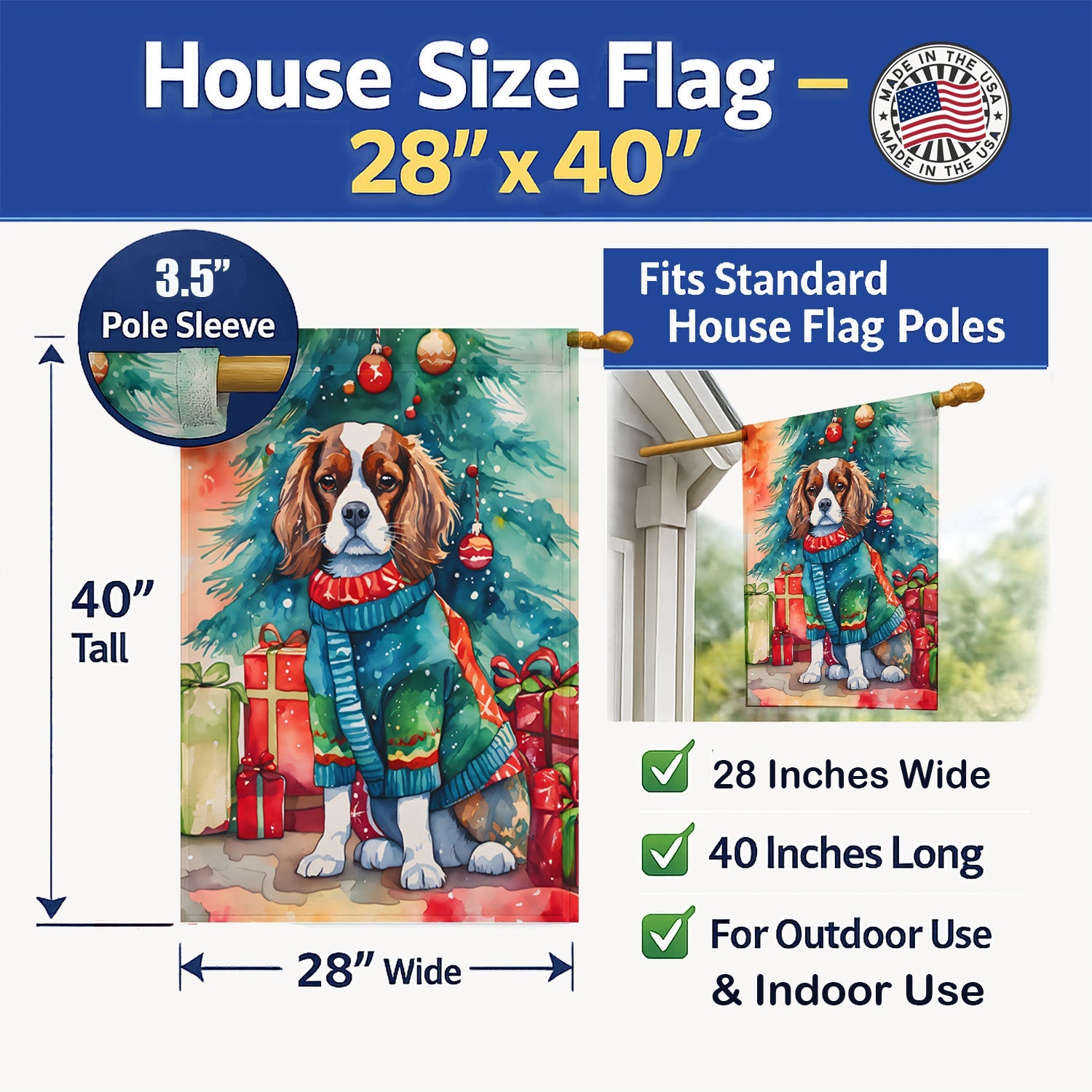 Cavalier Spaniel Christmas House Flag 28x40 Porch Sleeve Pole Decorative Outside Yard Banner Artwork Wall Hanging, Polyester