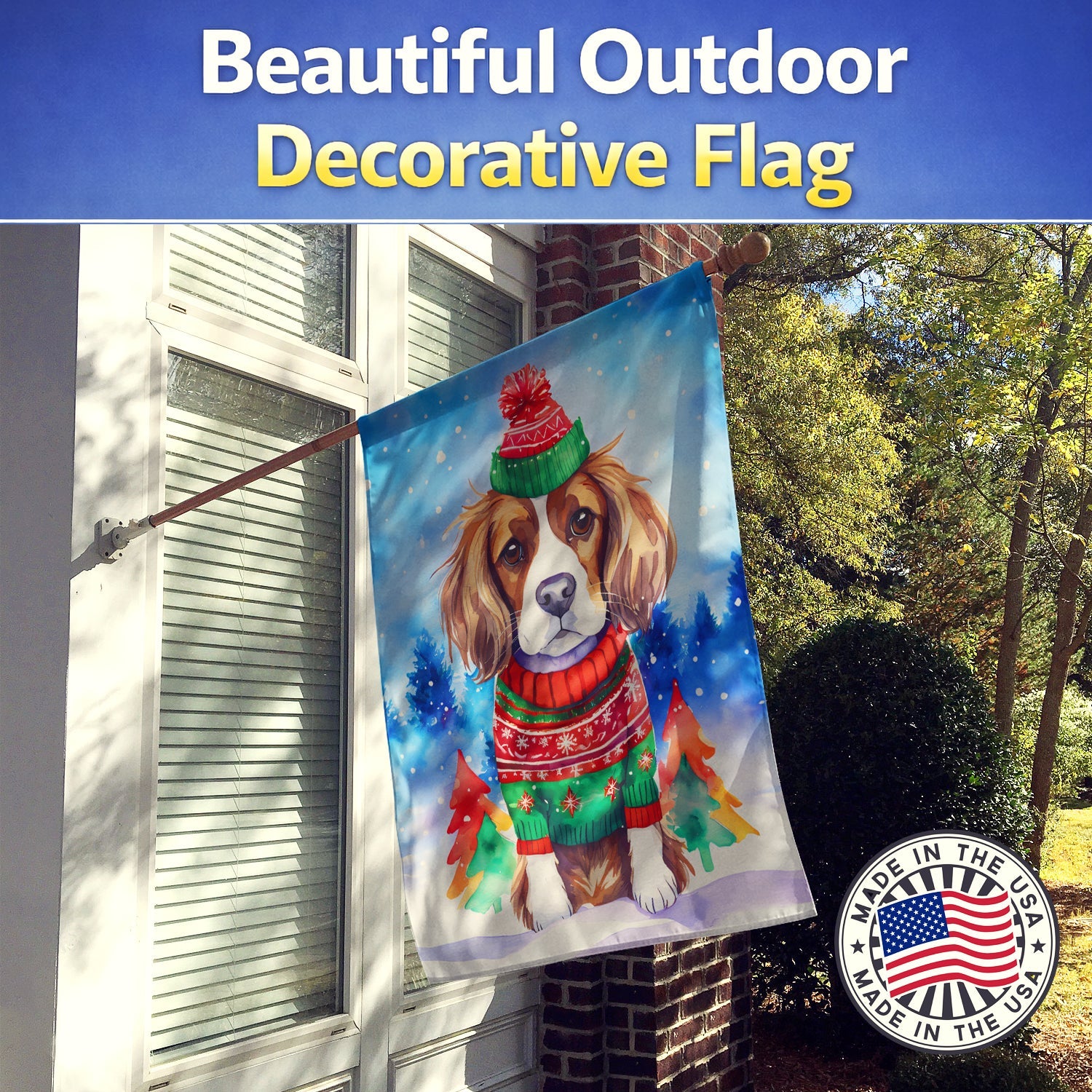 Cavalier Spaniel Christmas House Flag 28x40 Porch Sleeve Pole Decorative Outside Yard Banner Artwork Wall Hanging, Polyester