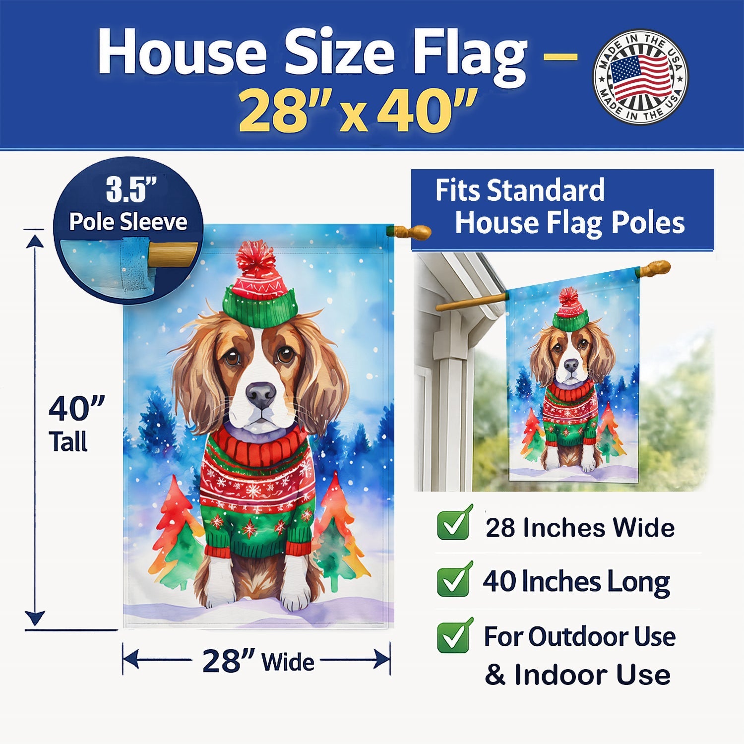 Cavalier Spaniel Christmas House Flag 28x40 Porch Sleeve Pole Decorative Outside Yard Banner Artwork Wall Hanging, Polyester