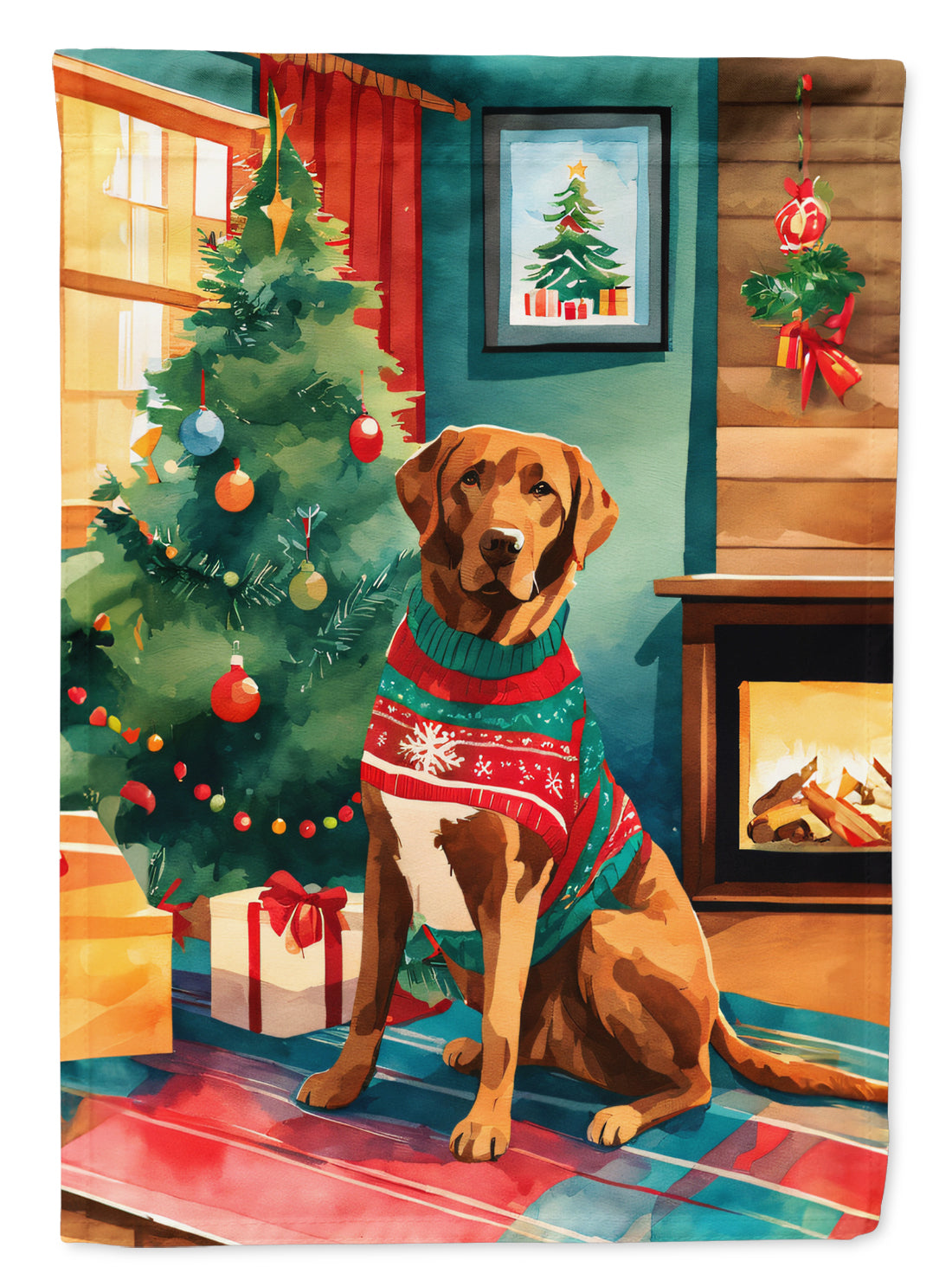 Chesapeake Bay Retriever Christmas House Flag 28x40 Porch Sleeve Pole Decorative Outside Yard Banner Artwork Wall Hanging, Polyester