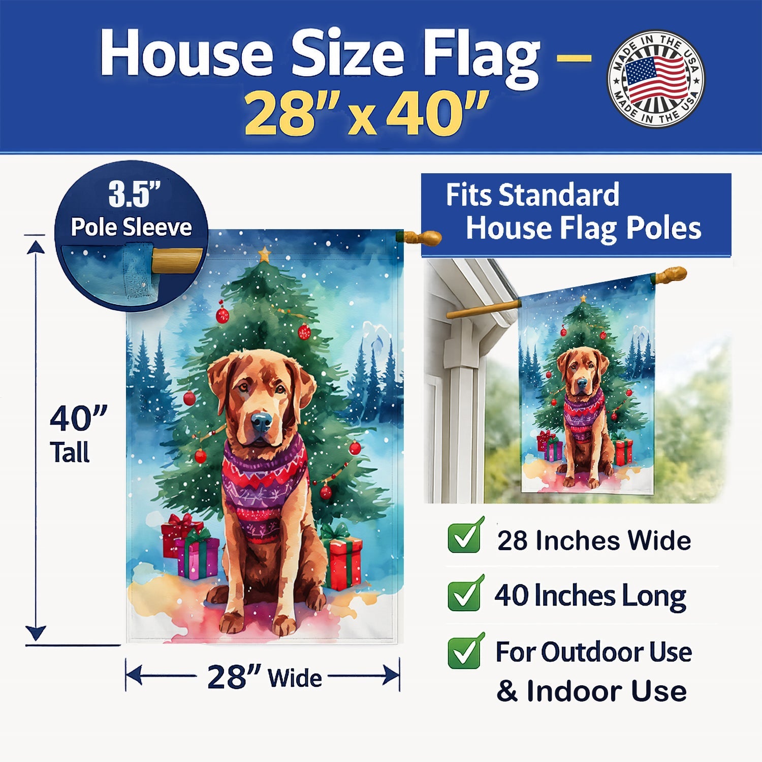 Chesapeake Bay Retriever Christmas House Flag 28x40 Porch Sleeve Pole Decorative Outside Yard Banner Artwork Wall Hanging, Polyester